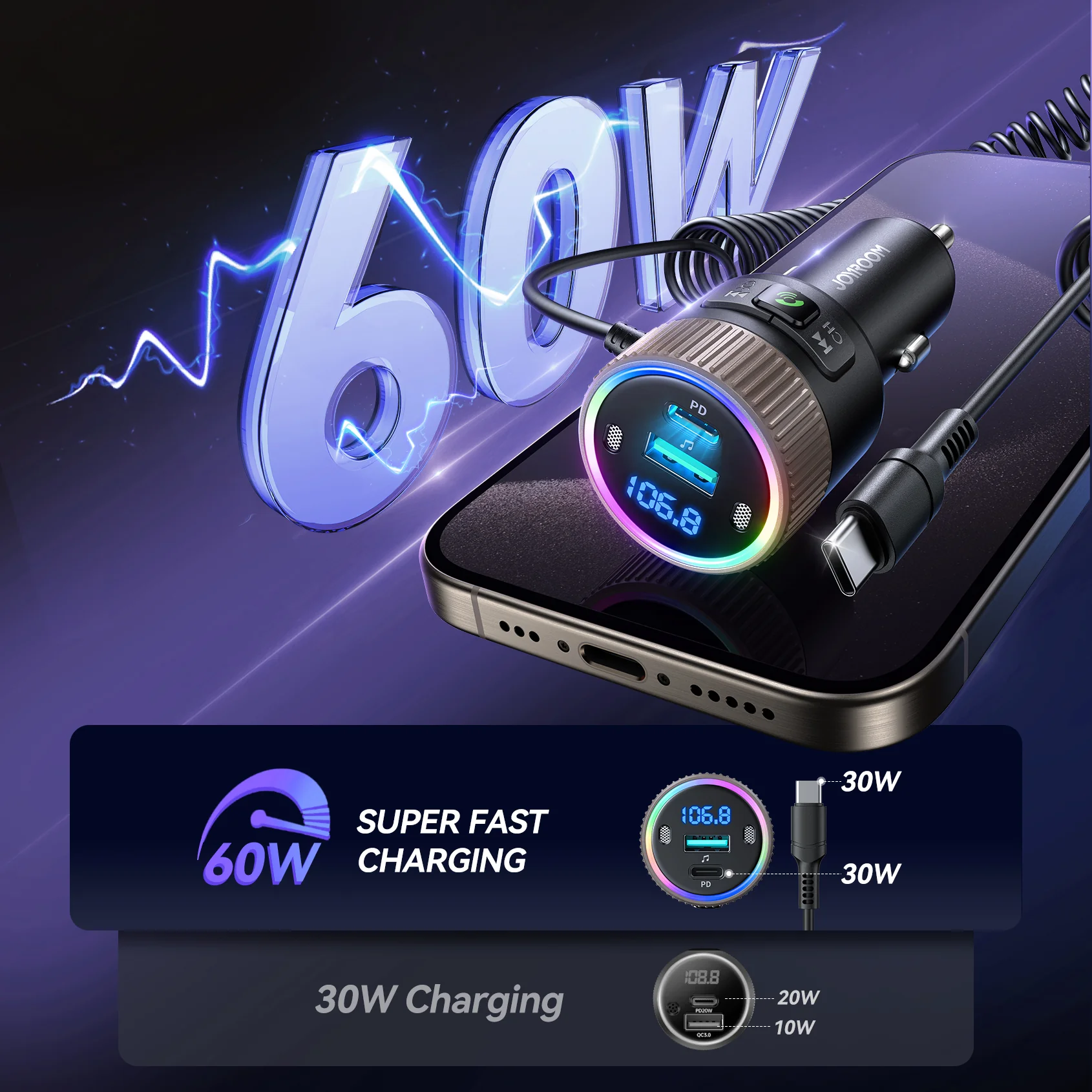 JR-CCB02 60W Car Wireless FM Transmitter-Black - Image 5