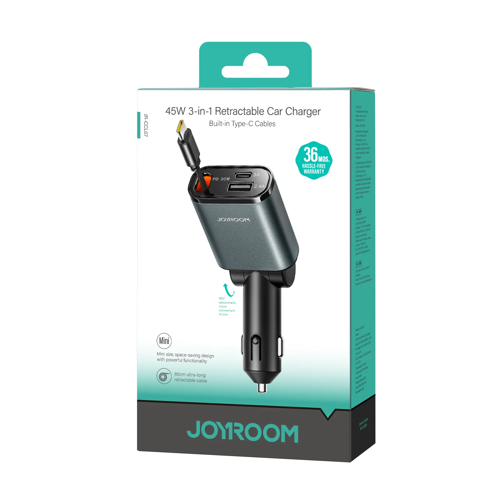 JR-CCL07 30W 3-in-1 Retractable Cable Car Charger - Image 2