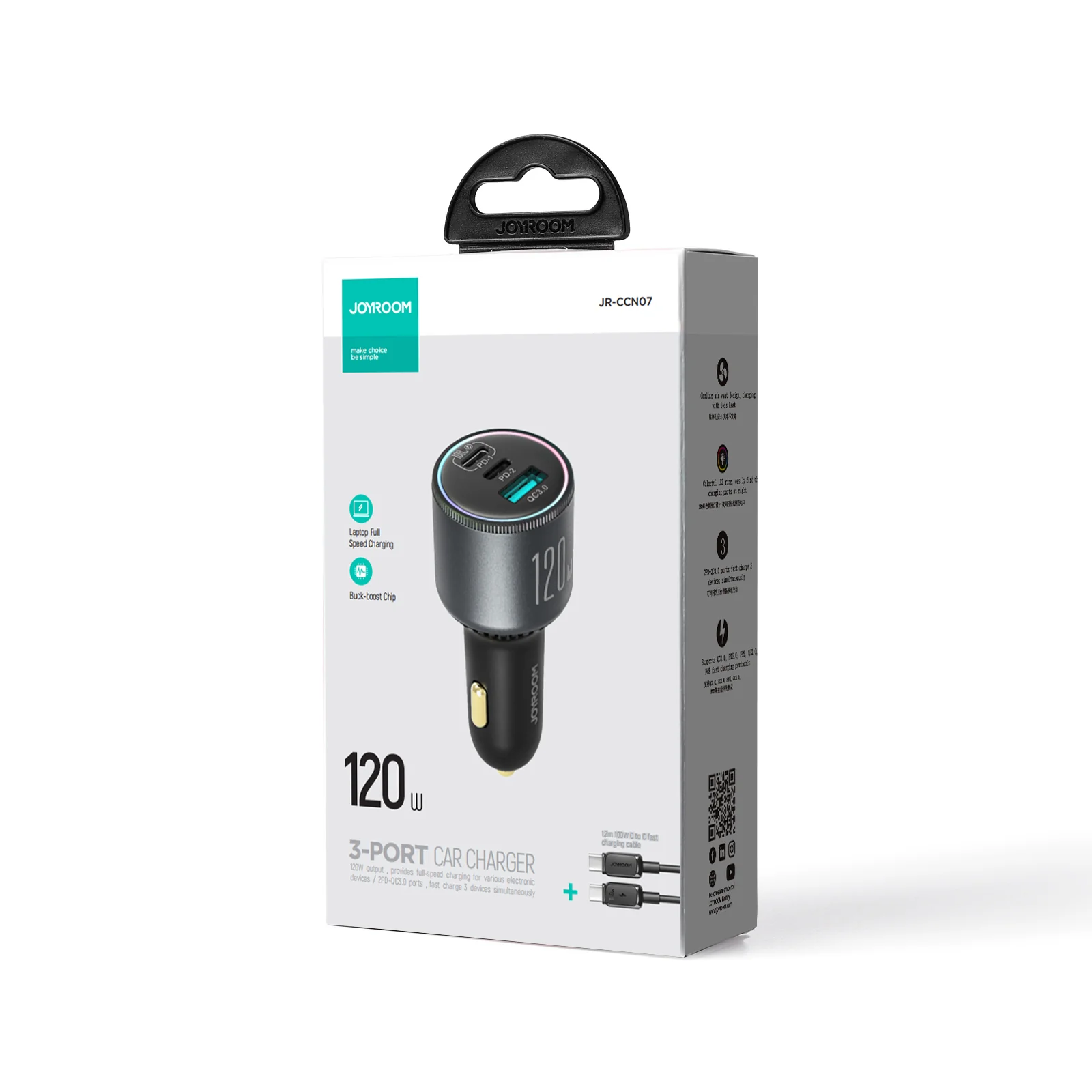 JR-CCN07 120W 3-Port (2PD+1QC3.0) Car Charger-Dark Gray - Image 4
