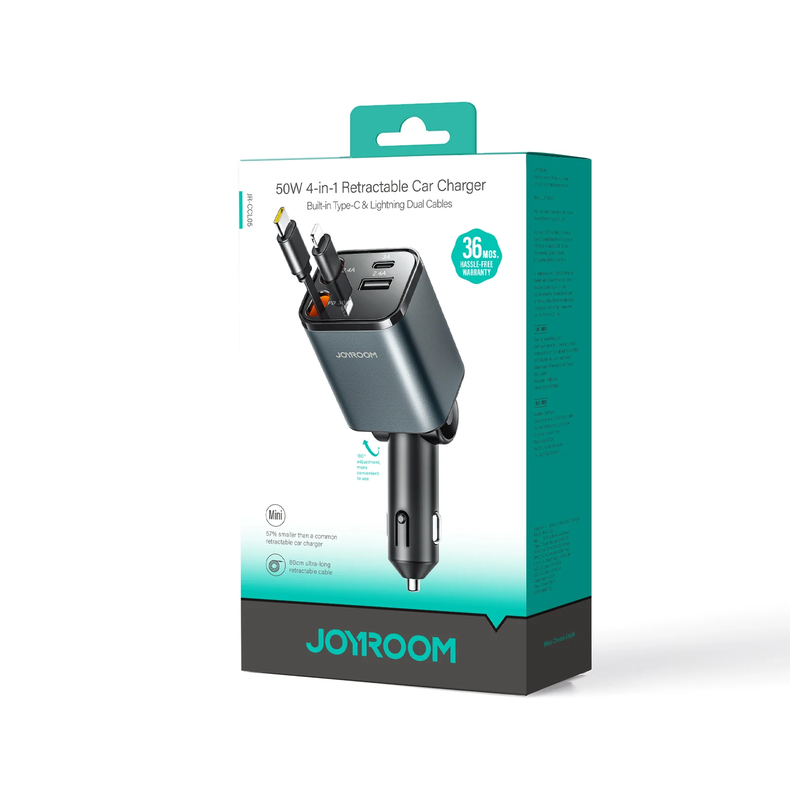 JR-CCL05 30W 4-in-1 Retractable Cable Car Charger - Image 2
