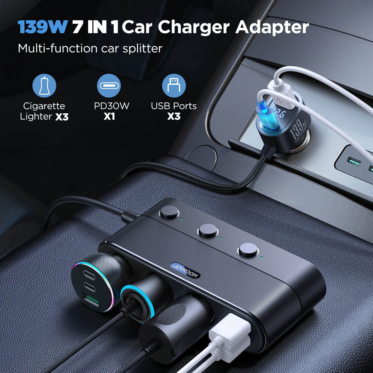 JR-CCL01 139W 7 in 1 Cigarette Lighter Splitter Car Charger-Black - Image 2