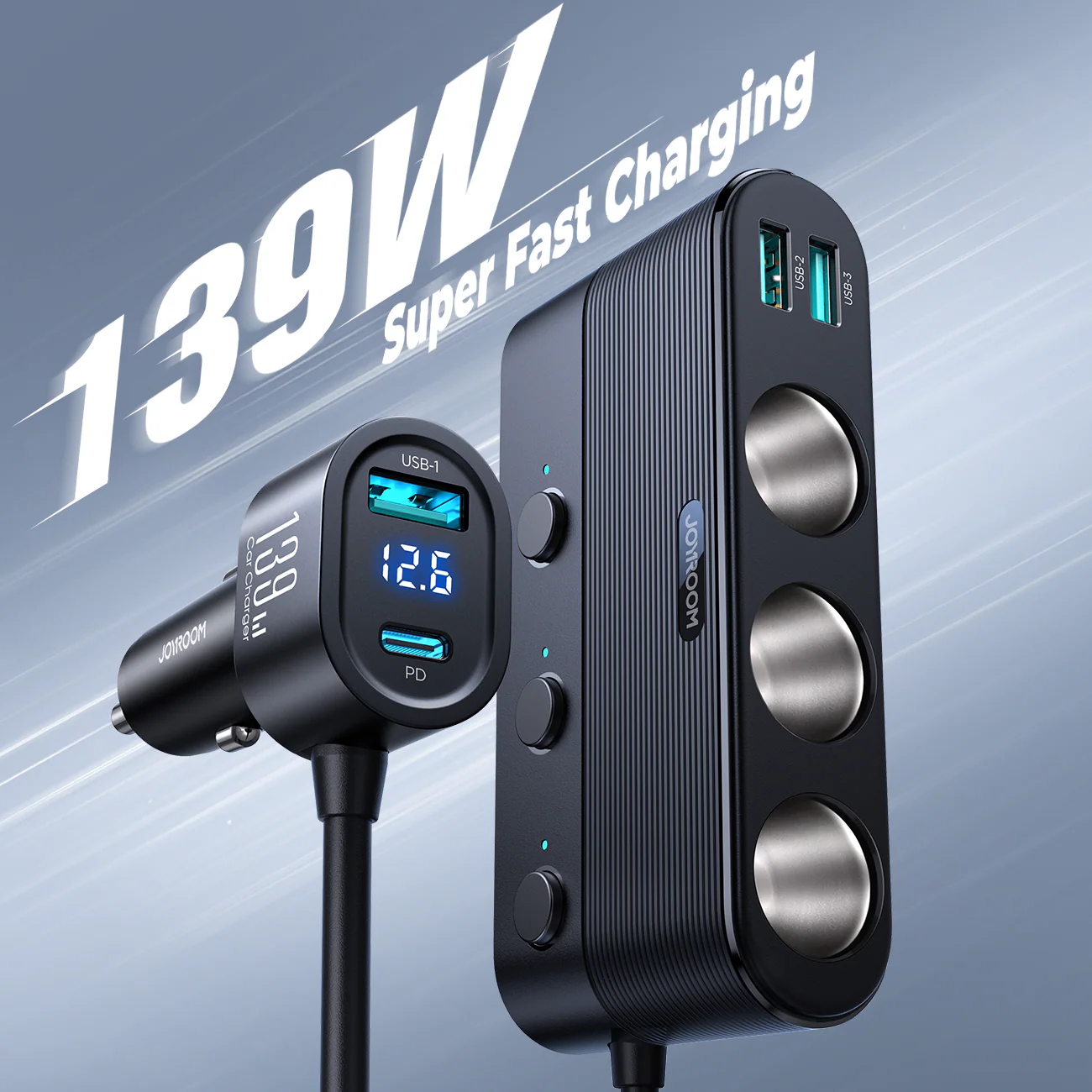 JR-CCL01 139W 7 in 1 Cigarette Lighter Splitter Car Charger-Black - Image 3