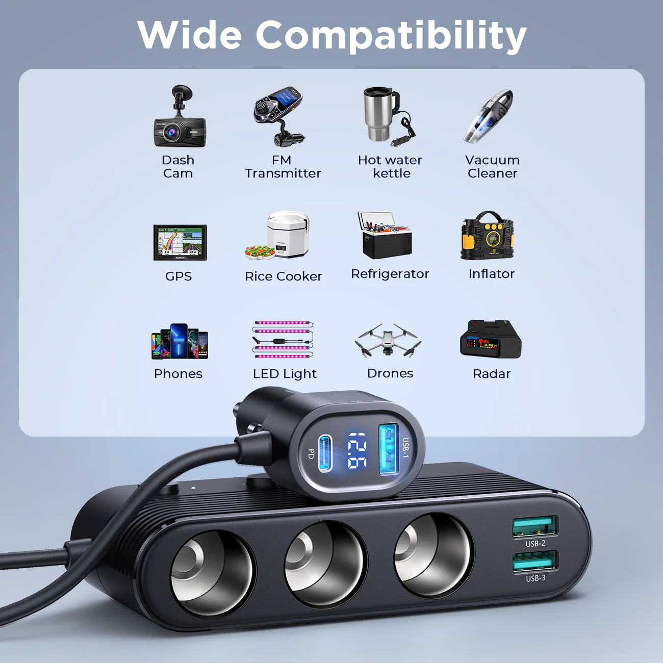 JR-CCL01 139W 7 in 1 Cigarette Lighter Splitter Car Charger-Black - Image 5
