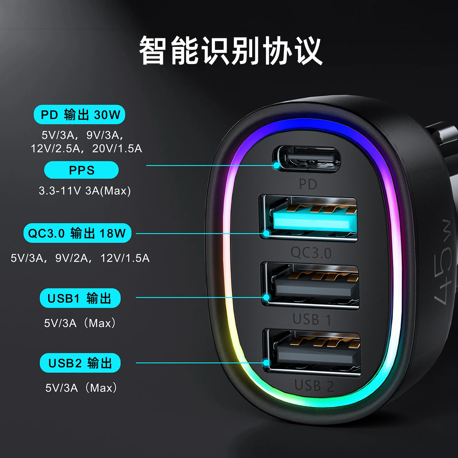 JR-CL09 45W 4-port Car Charger-Black - Image 4