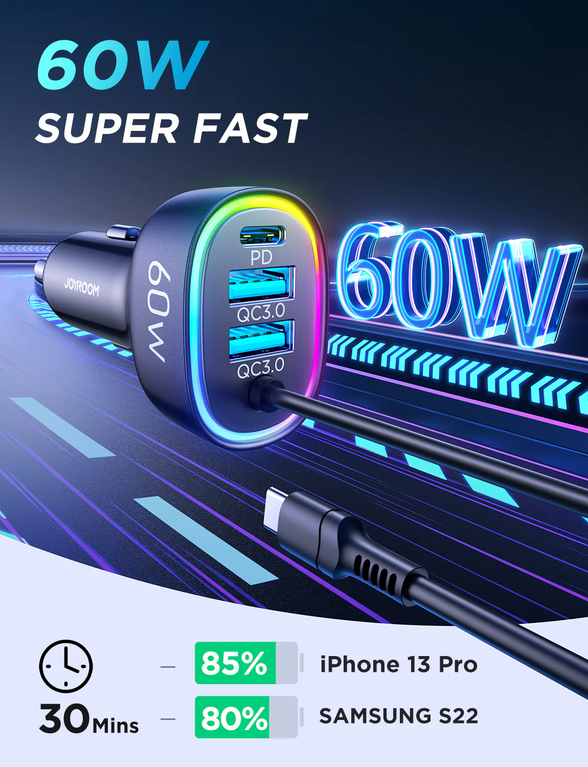 JR-CL19/JR-CL20 4-in-1 60W Wired Car Charger(Type-C/Lightning) - Image 3