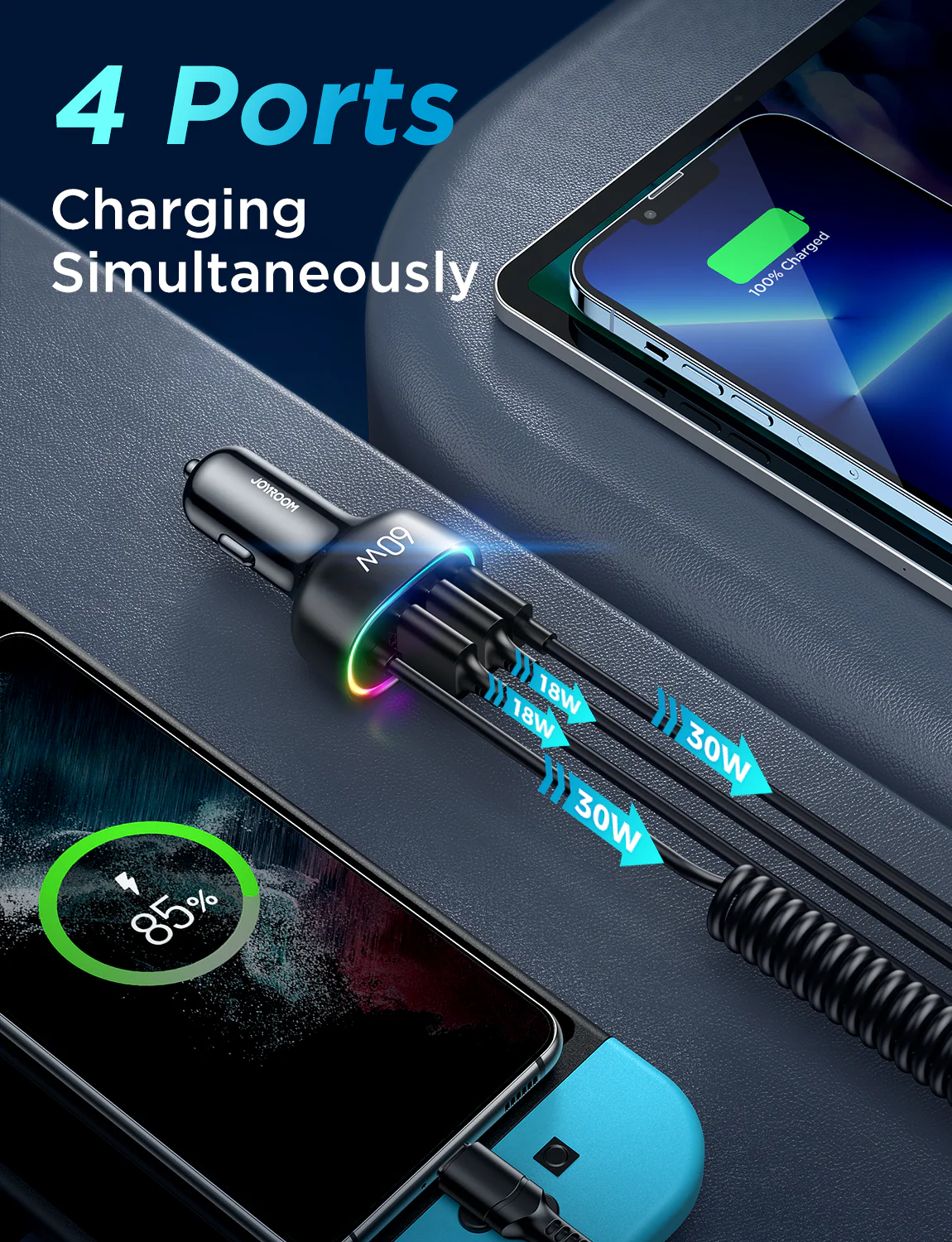 JR-CL19/JR-CL20 4-in-1 60W Wired Car Charger(Type-C/Lightning) - Image 4