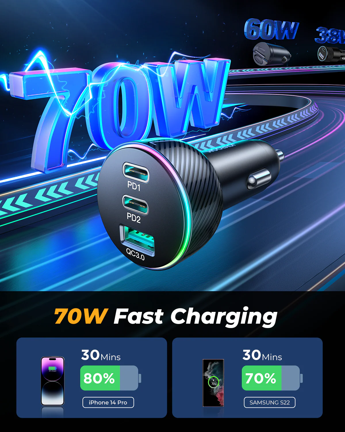 JR-CL26 70W Car Charger 2PD+1USB Car Charger-Black - Image 2