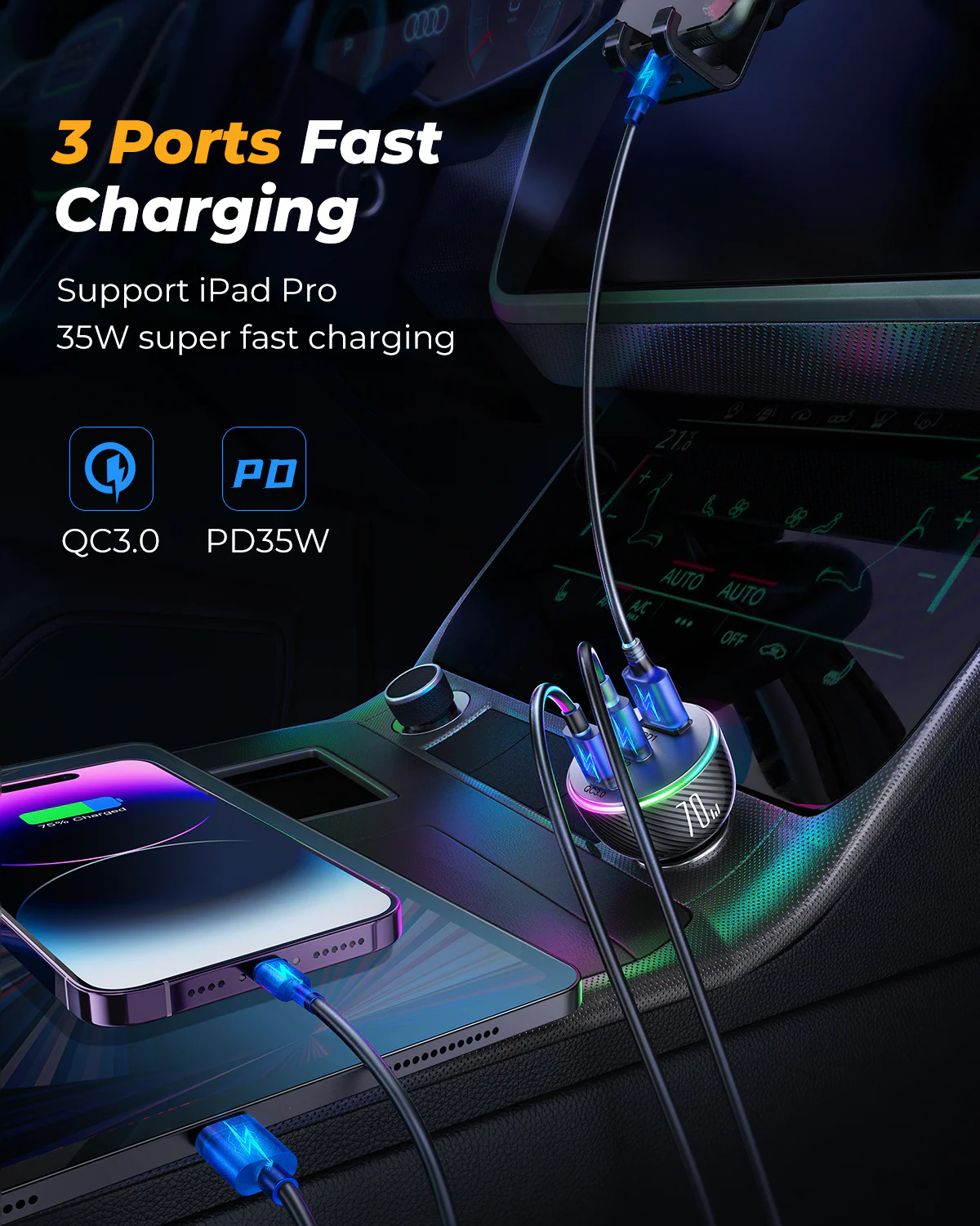 JR-CL26 70W Car Charger 2PD+1USB Car Charger-Black - Image 3