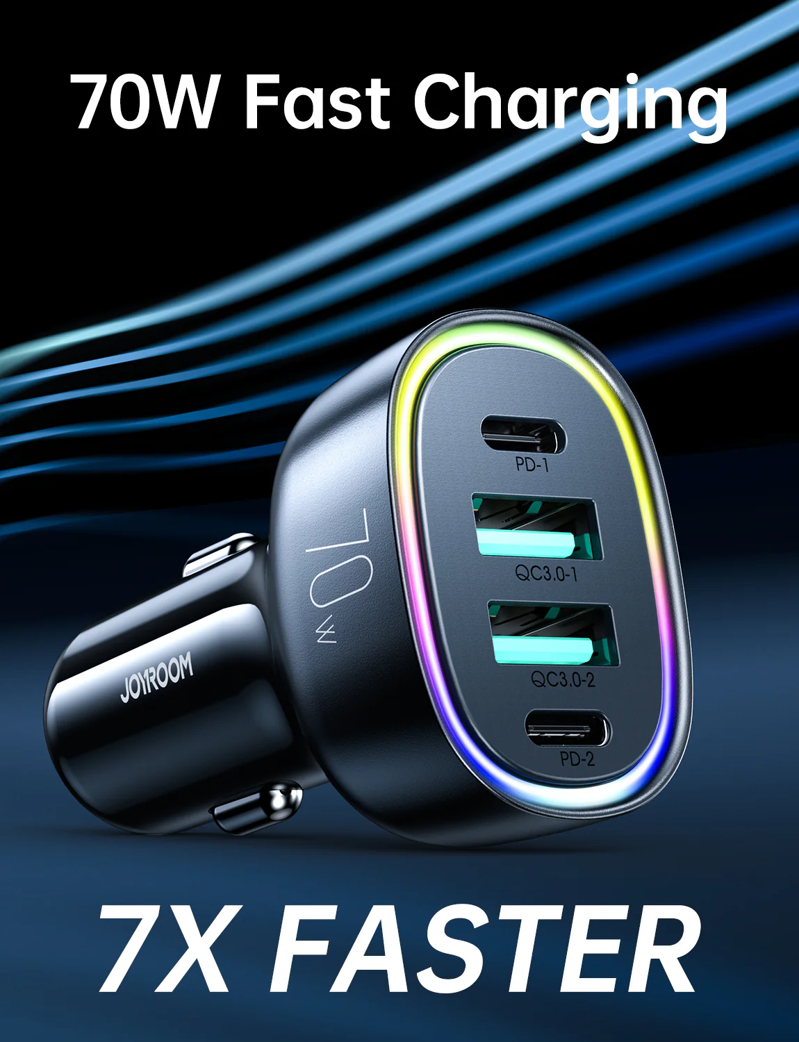 JR-CL29 70W 4-Port Car Charger 2PD+2USB Car Charger-Black - Image 2