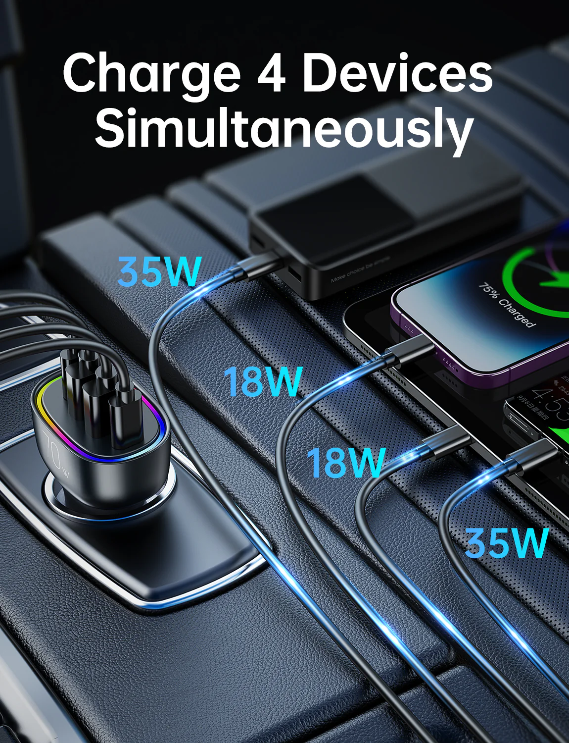 JR-CL29 70W 4-Port Car Charger 2PD+2USB Car Charger-Black - Image 3