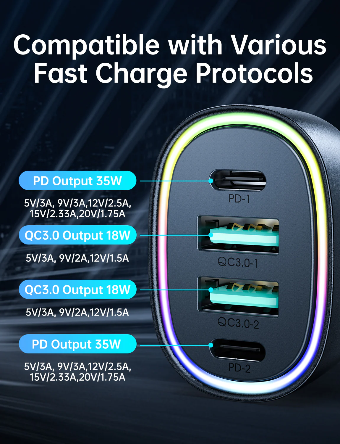 JR-CL29 70W 4-Port Car Charger 2PD+2USB Car Charger-Black - Image 5