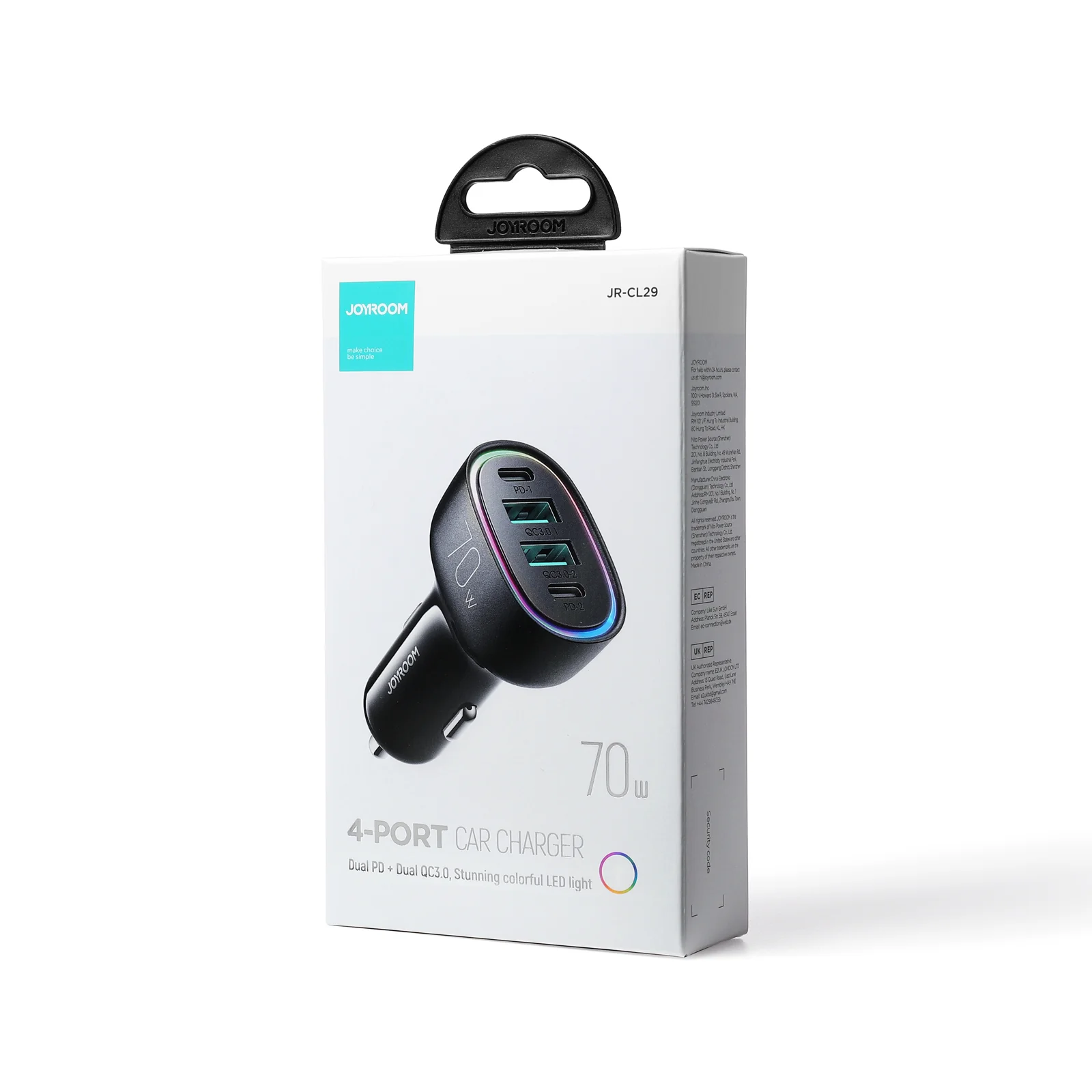 JR-CL29 70W 4-Port Car Charger 2PD+2USB Car Charger-Black - Image 6