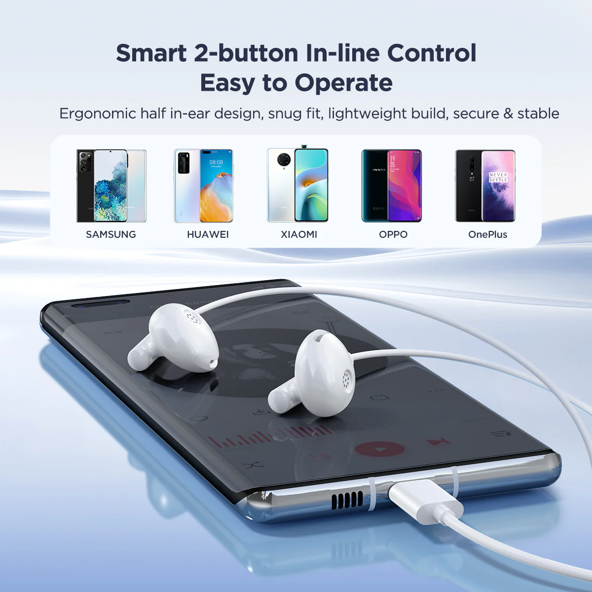 JR-EC05 TYPE-C Series Half In-Ear Wired Earphones-White - Image 2