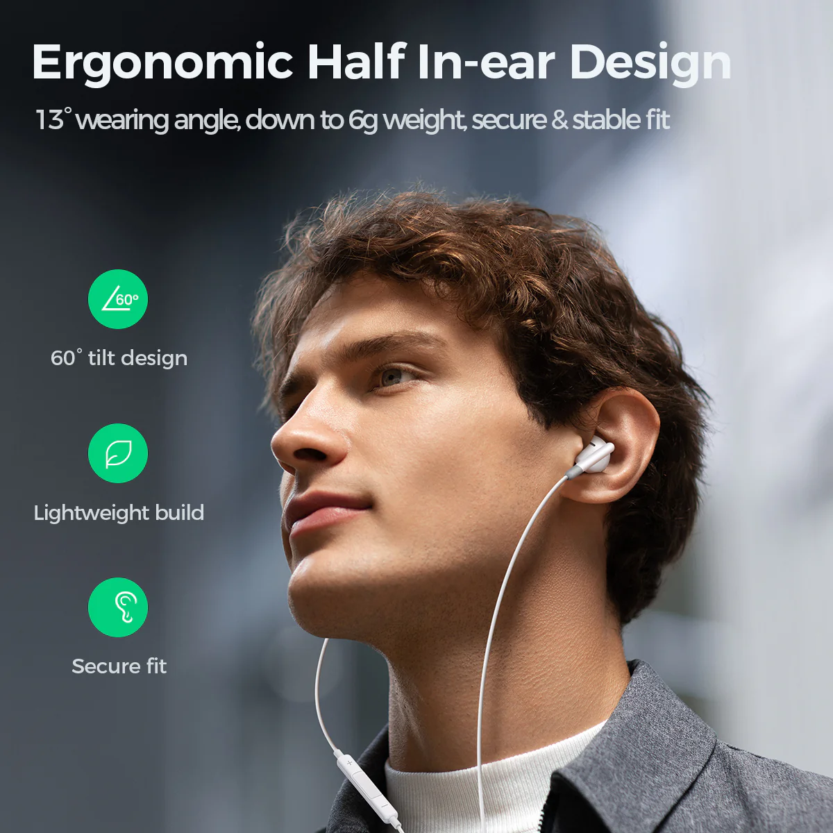 JR-EW01 3.5MM Wired Series Half In-Ear Wired Earphones white/black - Image 3