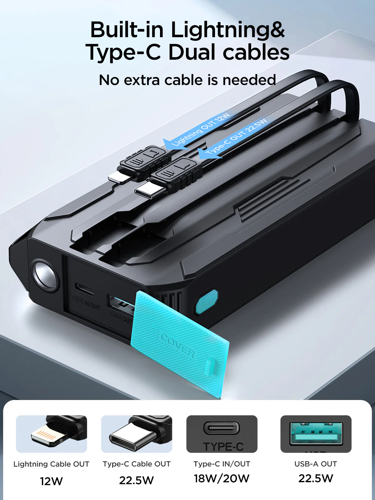 JR-L017 22.5W Power Bank with Built in 2in1 Cables with SOS light 10000mAh-Black - Image 5