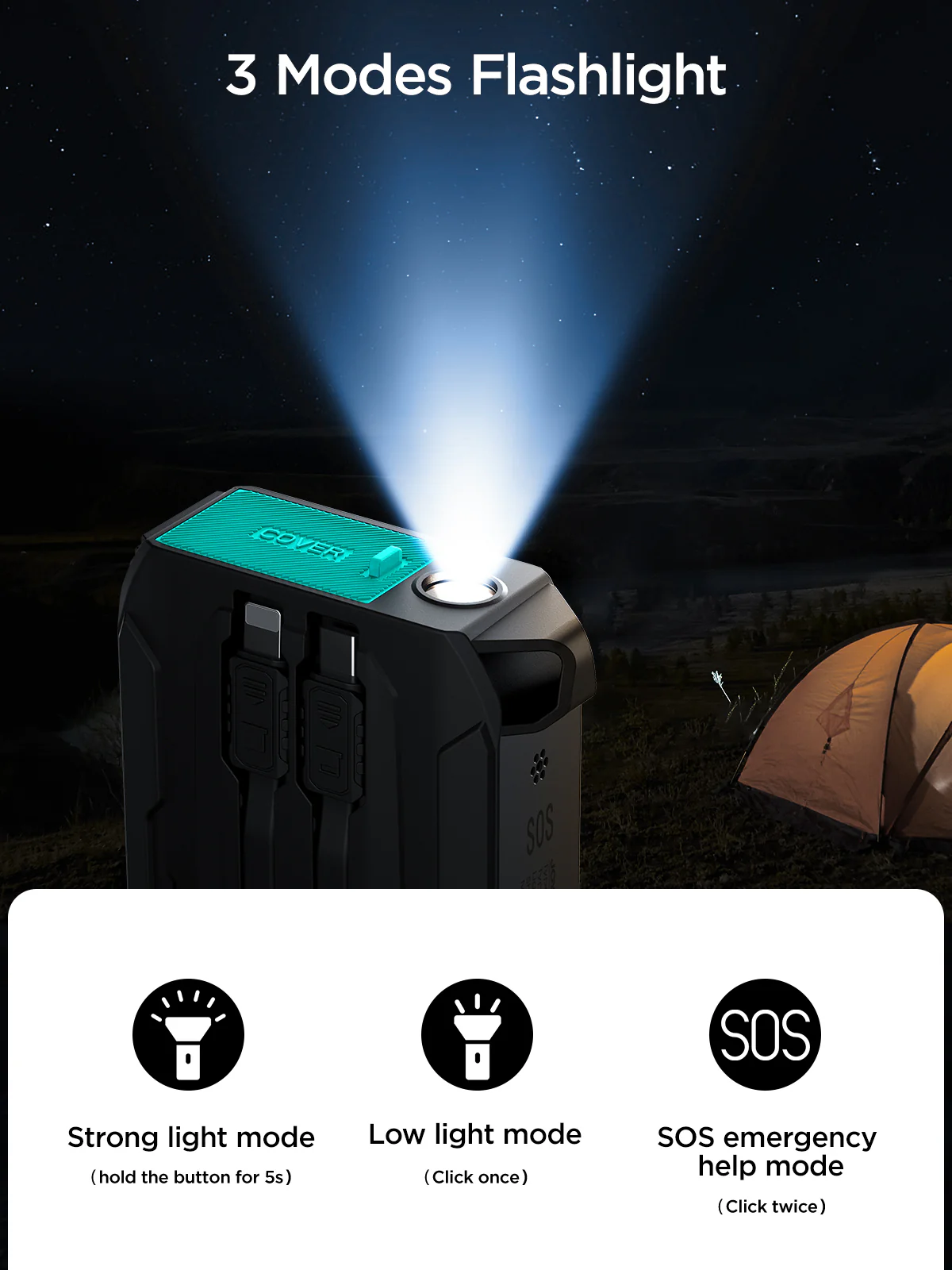 JR-L017 22.5W Power Bank with Built in 2in1 Cables with SOS light 10000mAh-Black - Image 6