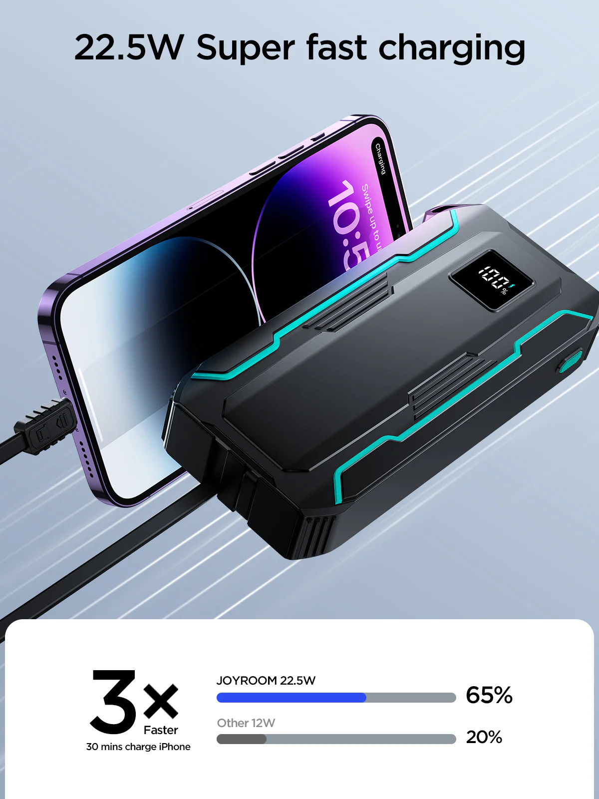 JR-L017 22.5W Power Bank with Built in 2in1 Cables with SOS light 10000mAh-Black - Image 7