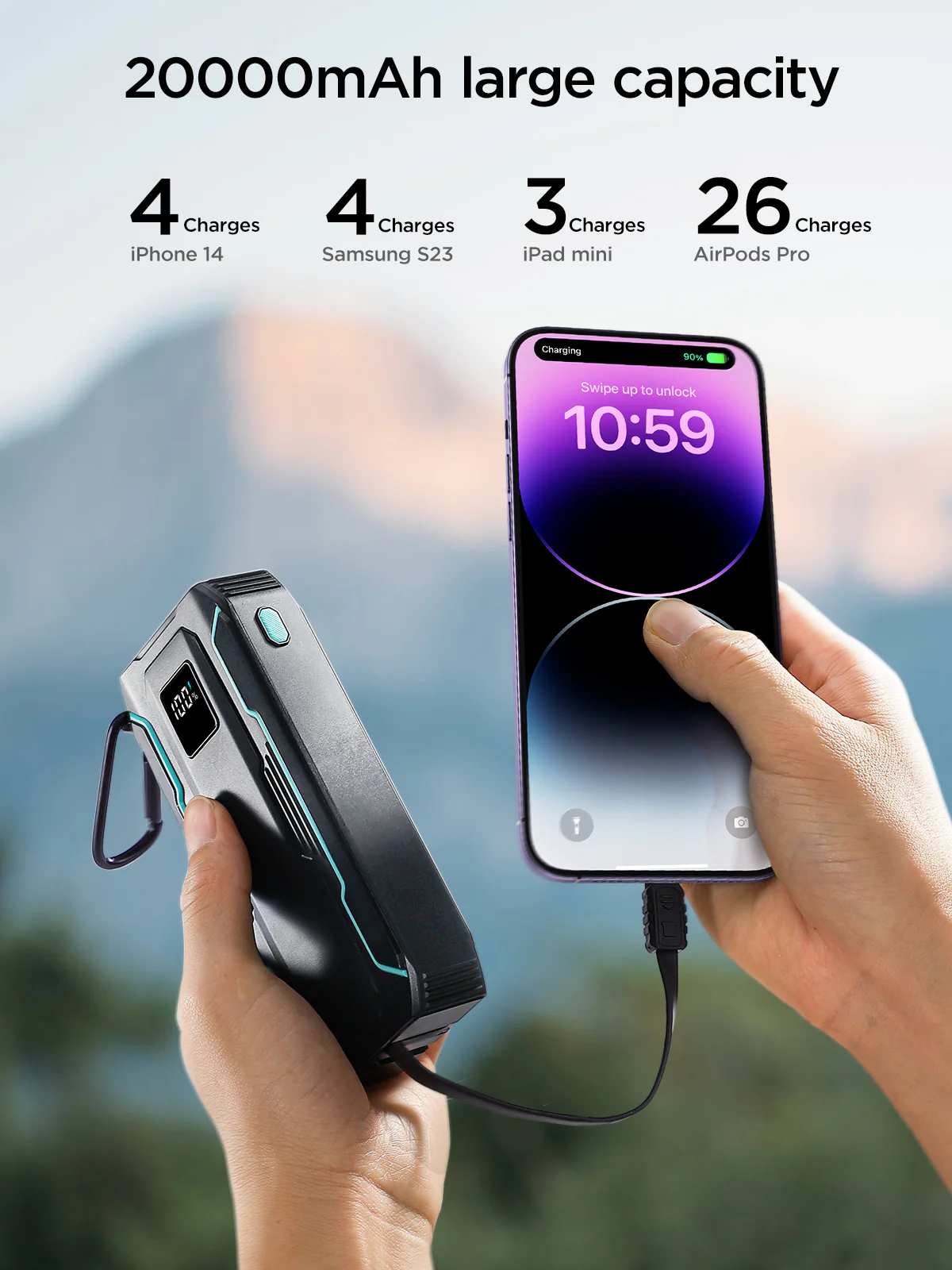 JR-L017 22.5W Power Bank with Built in 2in1 Cables with SOS light 10000mAh-Black - Image 9