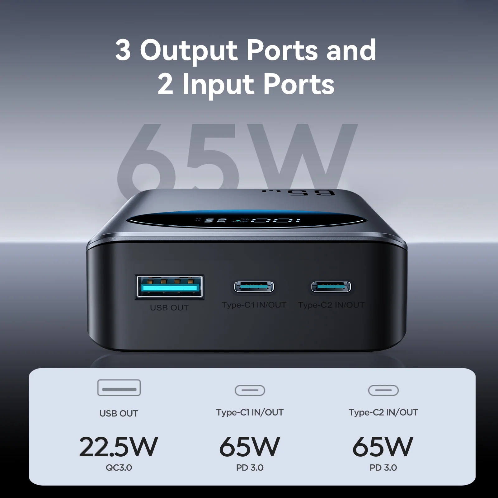 JR-PBF05 Pro 65W Digital Display Fast Charging Power Bank 30000mAh--Black - Image 4