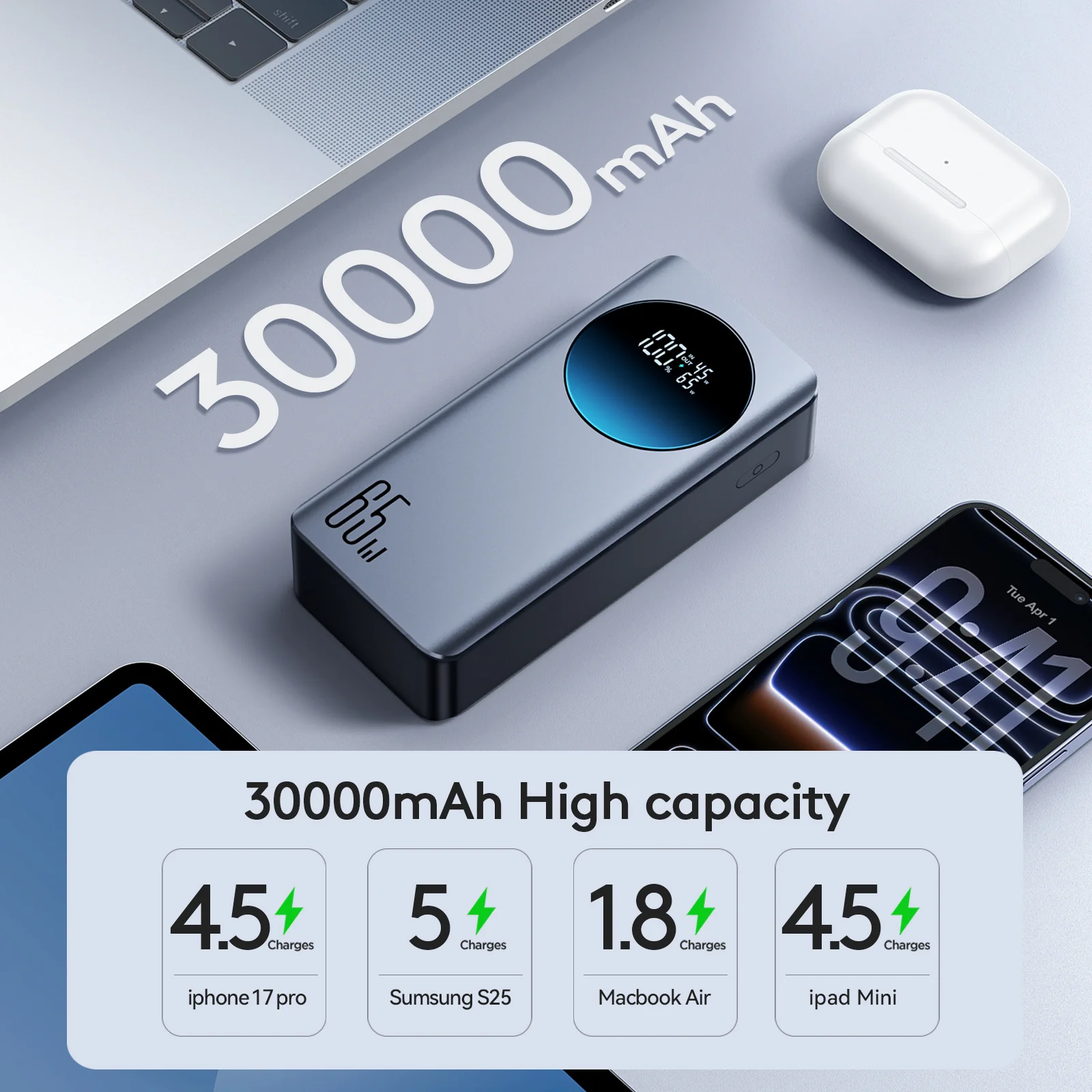 JR-PBF05 Pro 65W Digital Display Fast Charging Power Bank 30000mAh--Black - Image 8