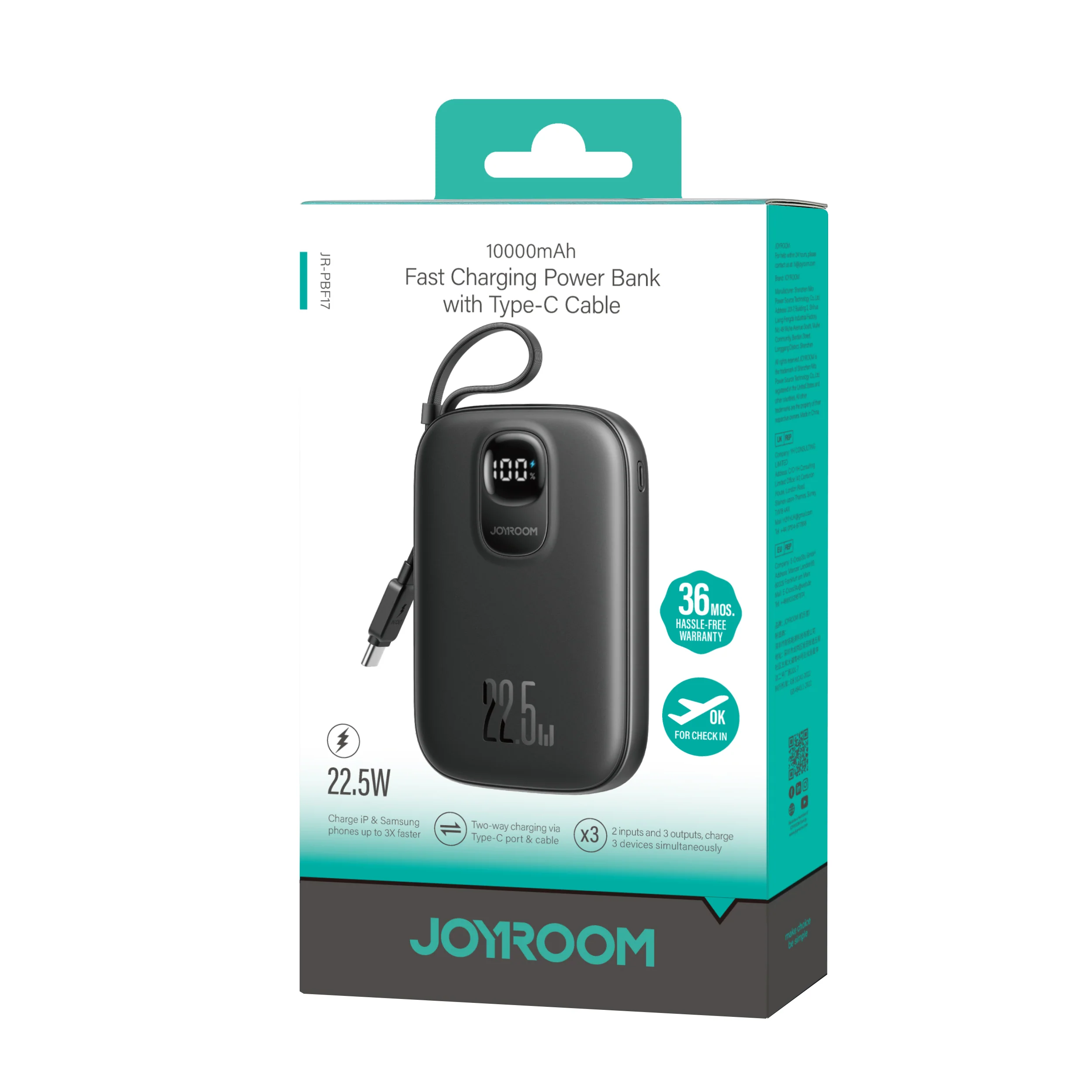 JR-PBF17/JR-PBF18 22.5W Powerbank Built in Type c/Lightning Cable 10000mAh Black - Image 3
