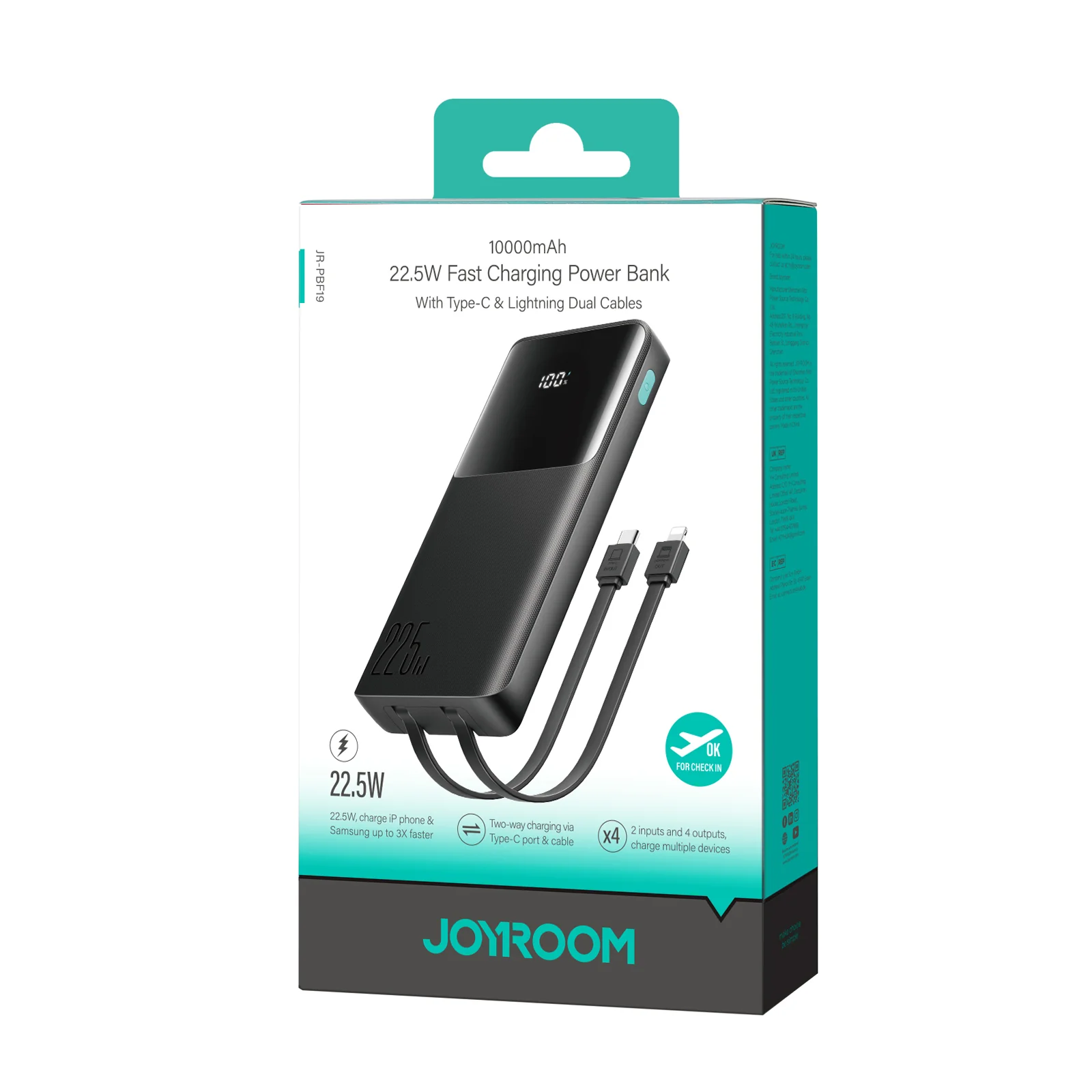 JR-PBF19 22.5W digital display with dual cable Powerbank 10000mAh black - Image 2
