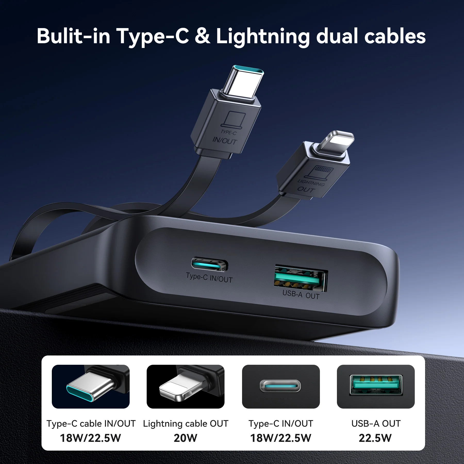 JR-PBF19 22.5W digital display with dual cable Powerbank 10000mAh black - Image 3