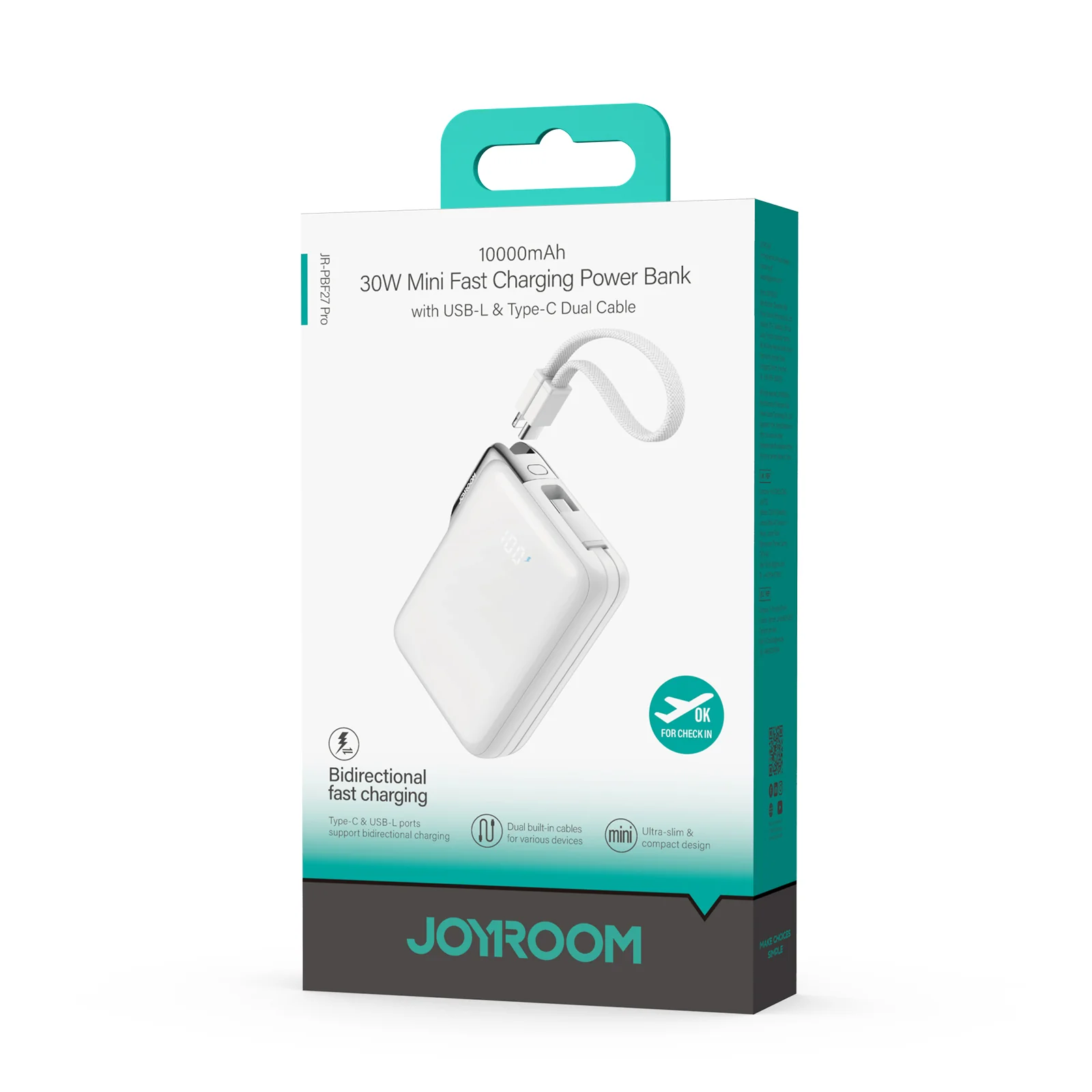 JR-PBF27 Pro 30W Power Bank with Built-in Type-C Cable & Extra C-to-L Cable 10000mAh-White - Image 2