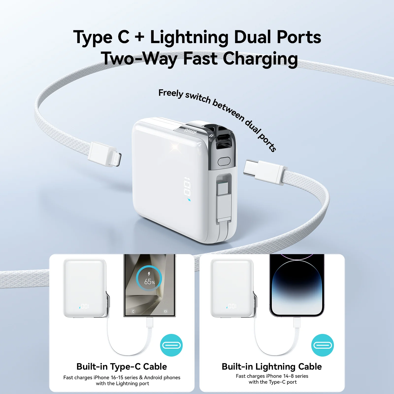 JR-PBF27 Pro 30W Power Bank with Built-in Type-C Cable & Extra C-to-L Cable 10000mAh-White - Image 3