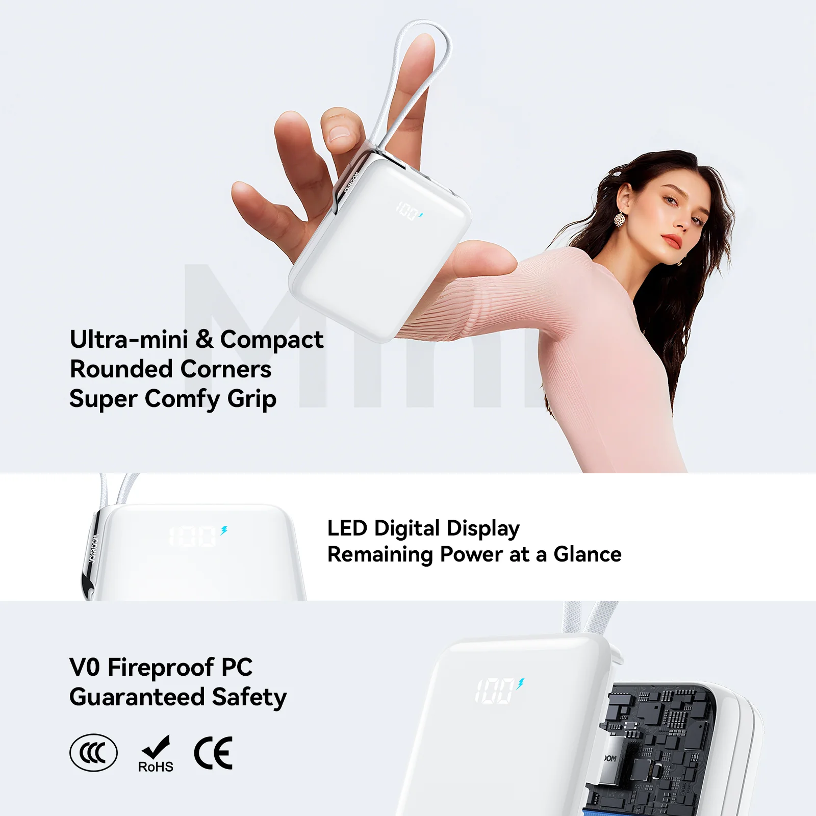 JR-PBF27 Pro 30W Power Bank with Built-in Type-C Cable & Extra C-to-L Cable 10000mAh-White - Image 4