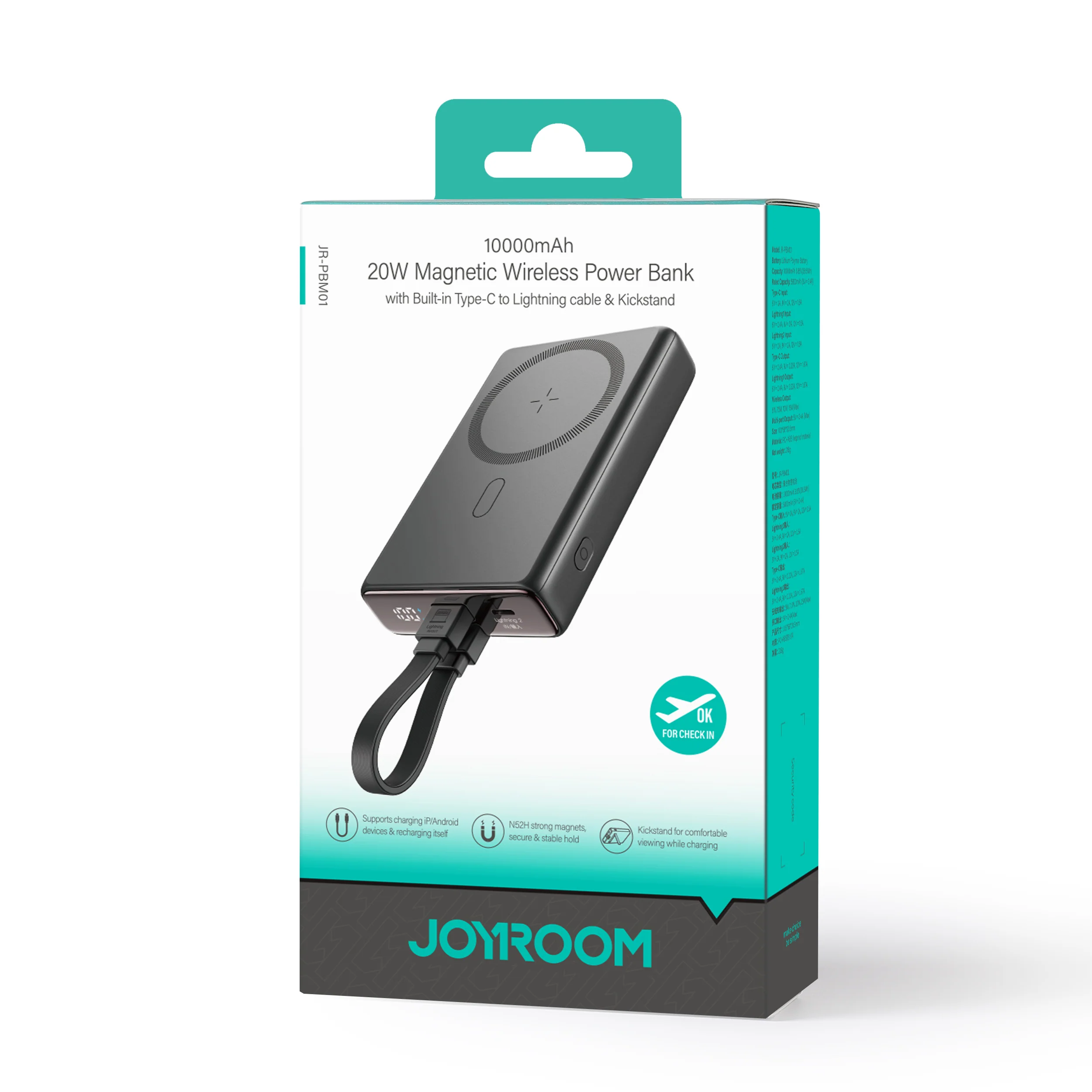 JR-PBM01 20W Magnetic Wireless Power Bank with Built-in Cable&Kickstand 10000mAh - Image 6