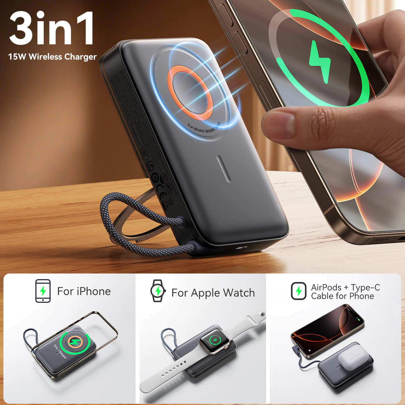 JR-PBM02 22.5W 3in1 magnetic mobile power bank 10000mAh black - Image 5