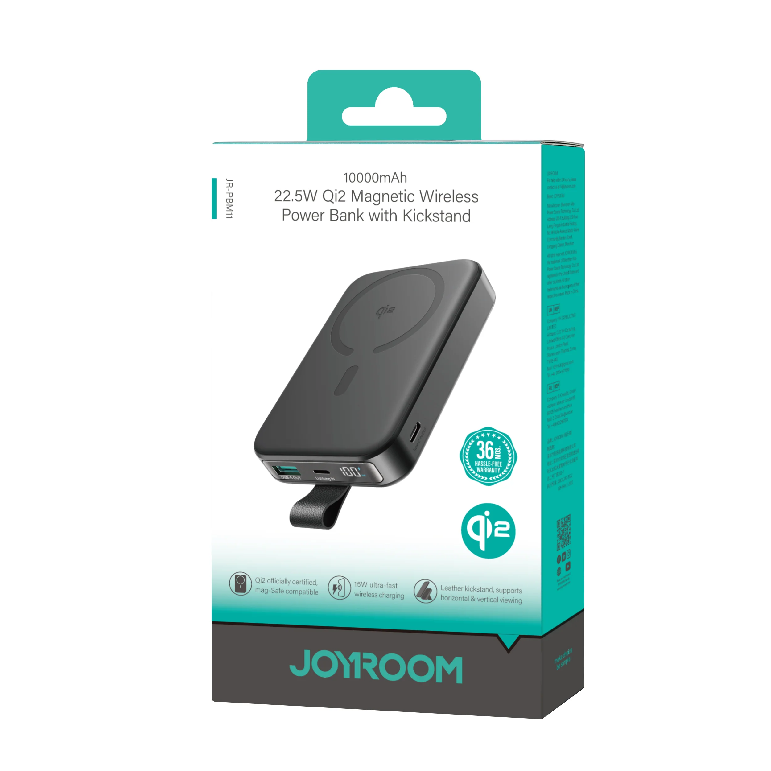 JR-PBM11 QI2 22.5W Magnetic Wireless Power Bank with Holder 10000mAh-Black - Image 2