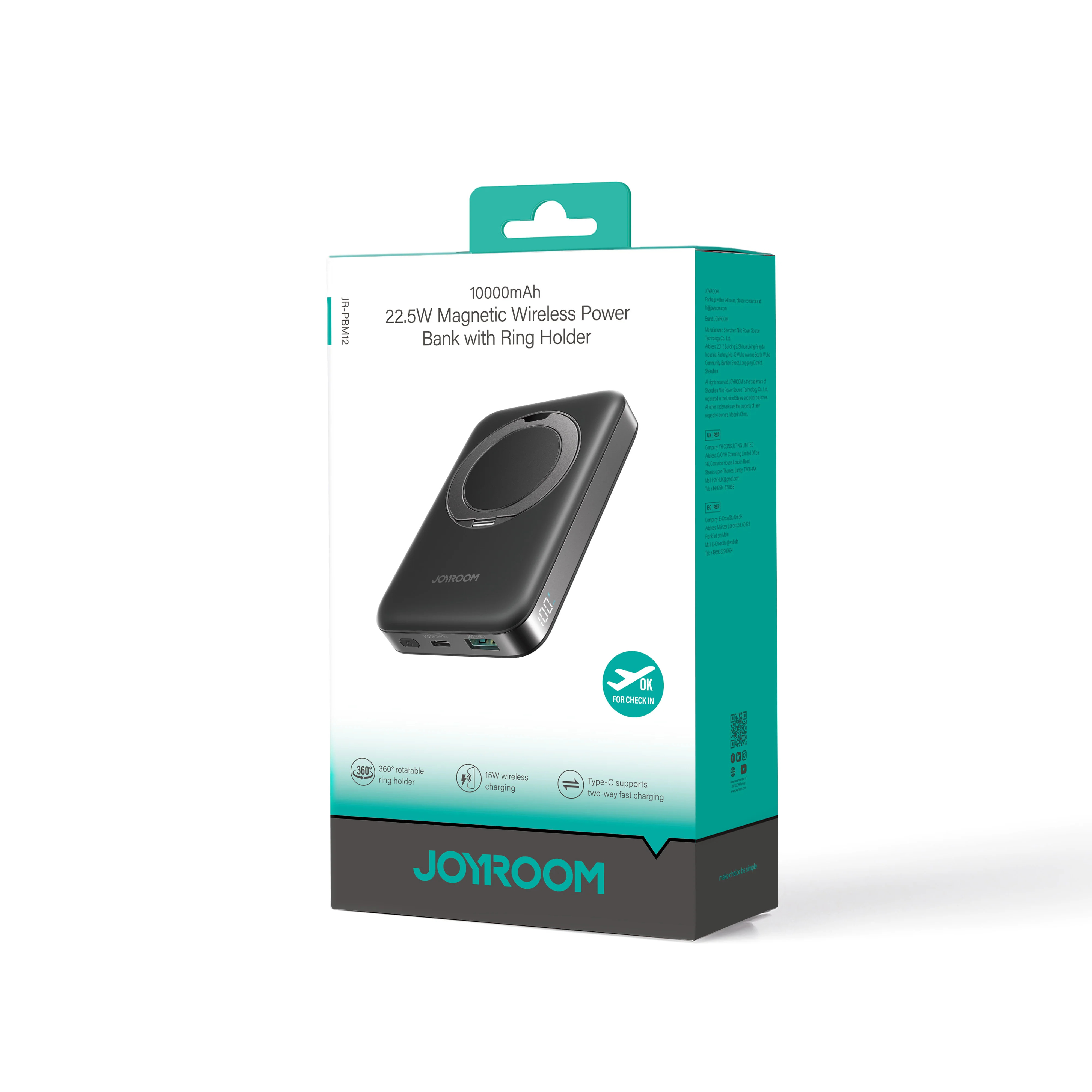 JR-PBM12 22.5W Magnetic Wireless Power Bank with Ring Holder 10000mAh-Black - Image 2