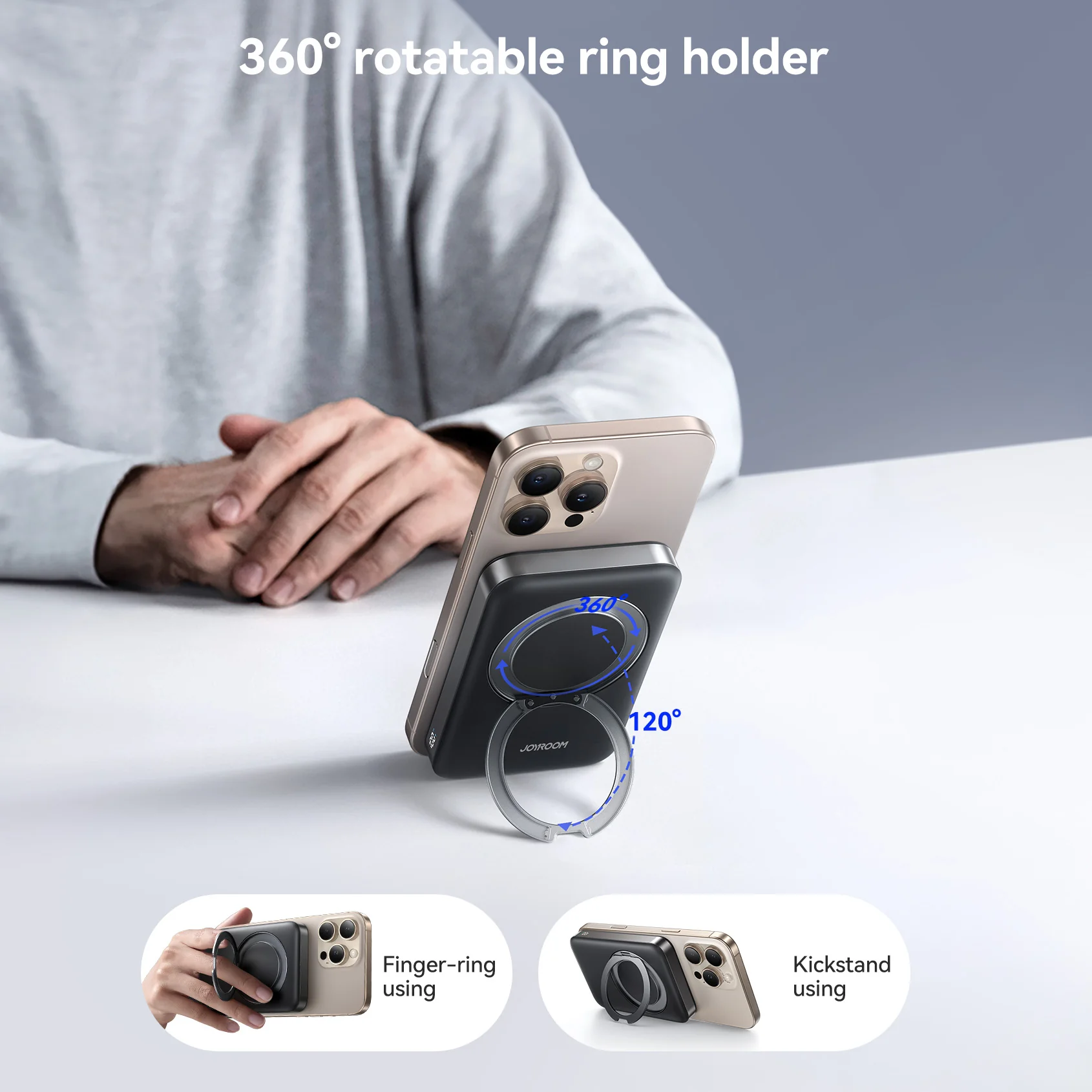 JR-PBM12 22.5W Magnetic Wireless Power Bank with Ring Holder 10000mAh-Black - Image 4