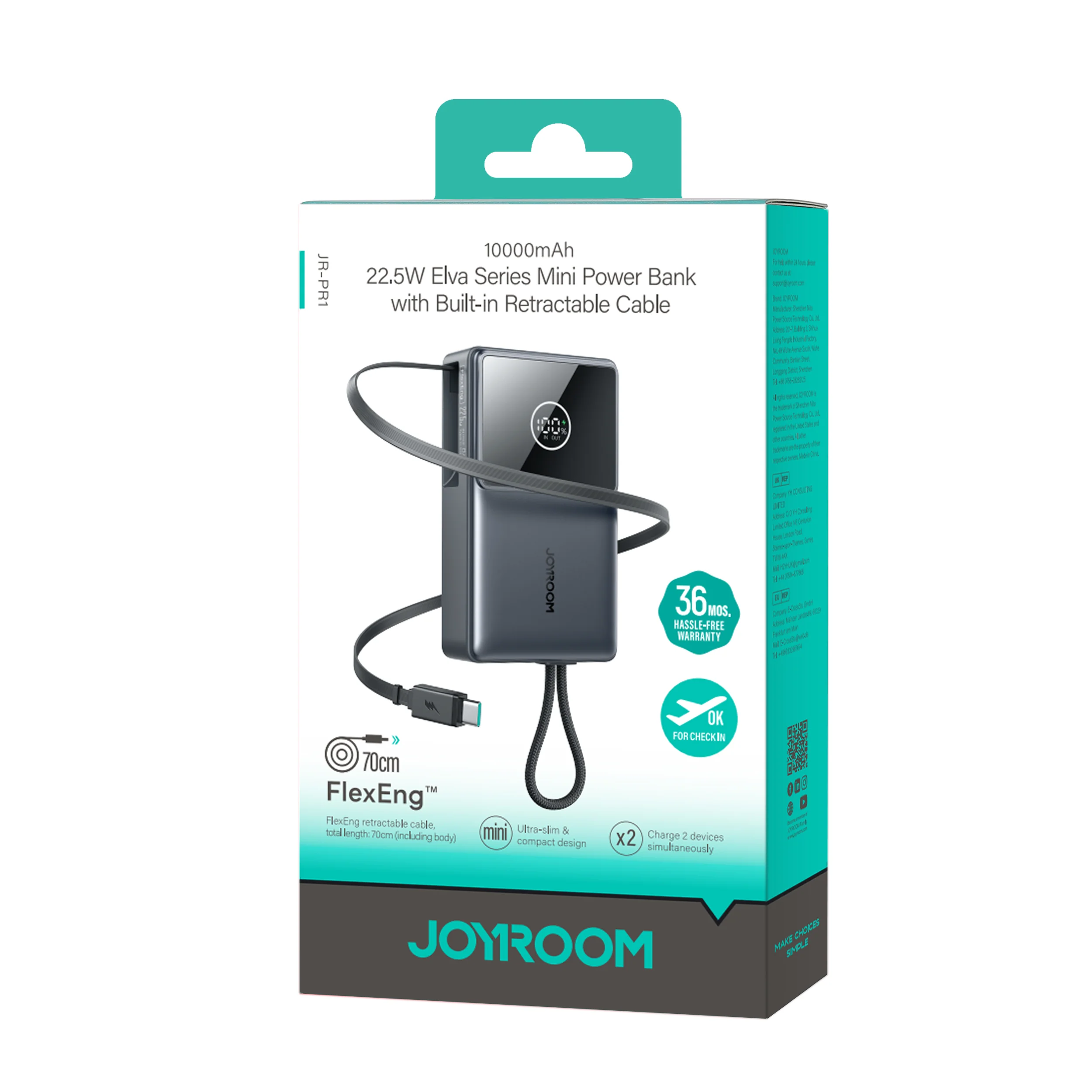 JR-PR1 22.5W Built-in Retractable Cable Powerbank10000mAh - Image 4