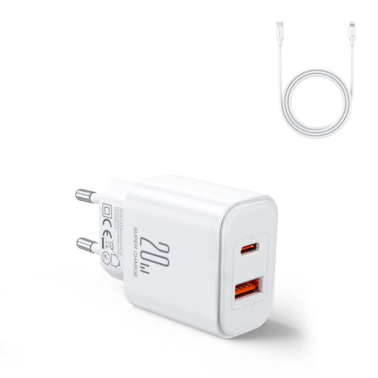 JR-TCF05 20W PD+QC Charger+C to L Cable-EU/UK/US-White/Black - Image 3