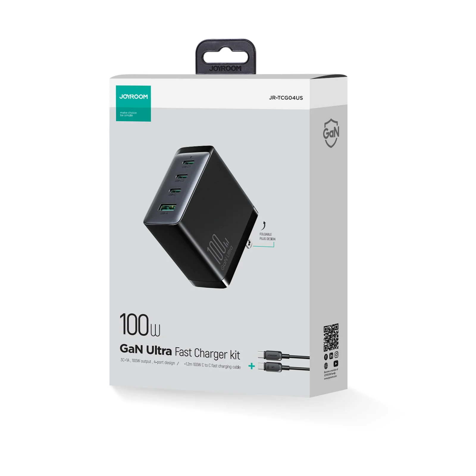 JR-TCG04 100W 3C1A Fast Charger-Black+100W C to C Cable 1.2m-Black -US/UK/EU - Image 4