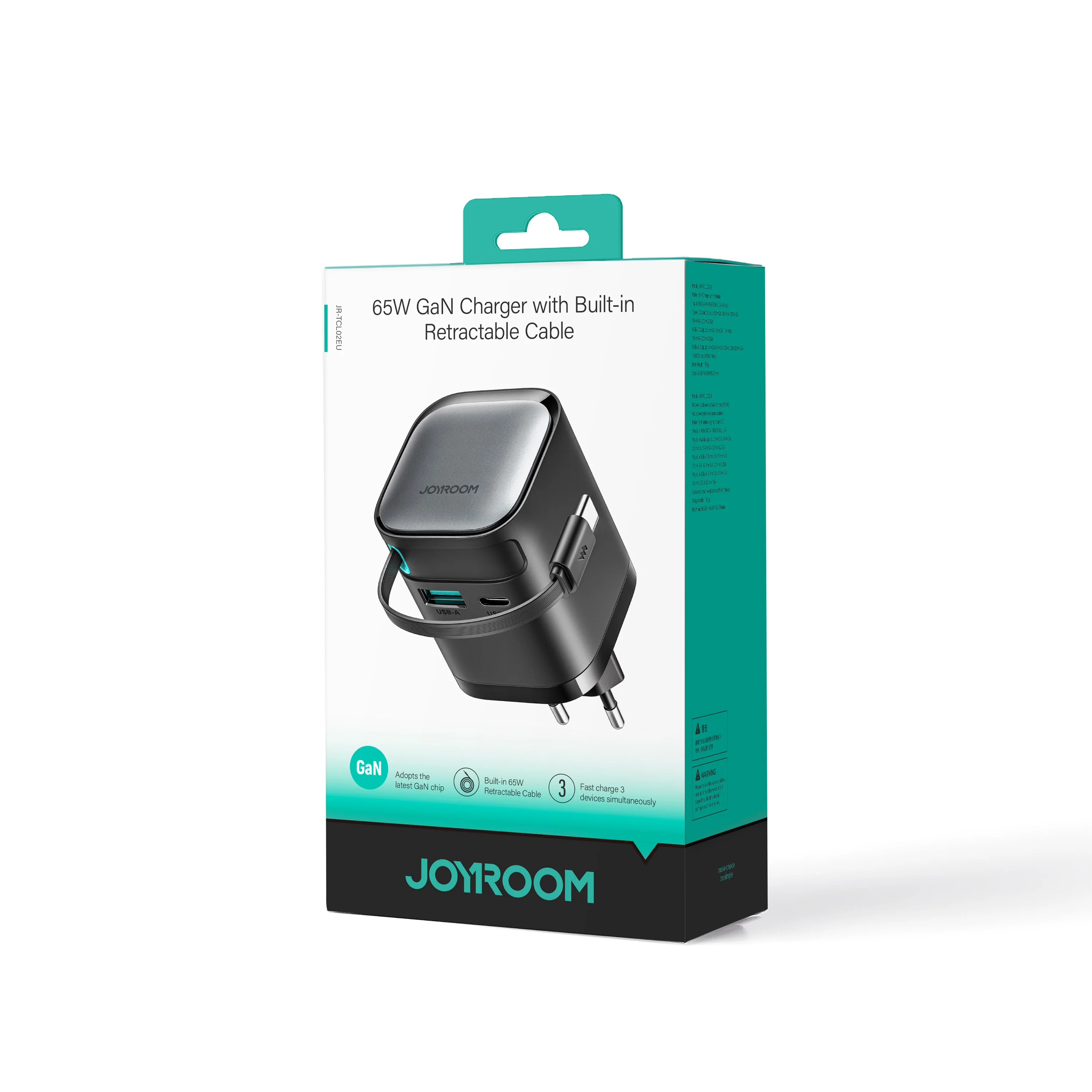 JR-TCL02 GaN 65W Charger with Retractable Cable(EU)-Black - Image 2