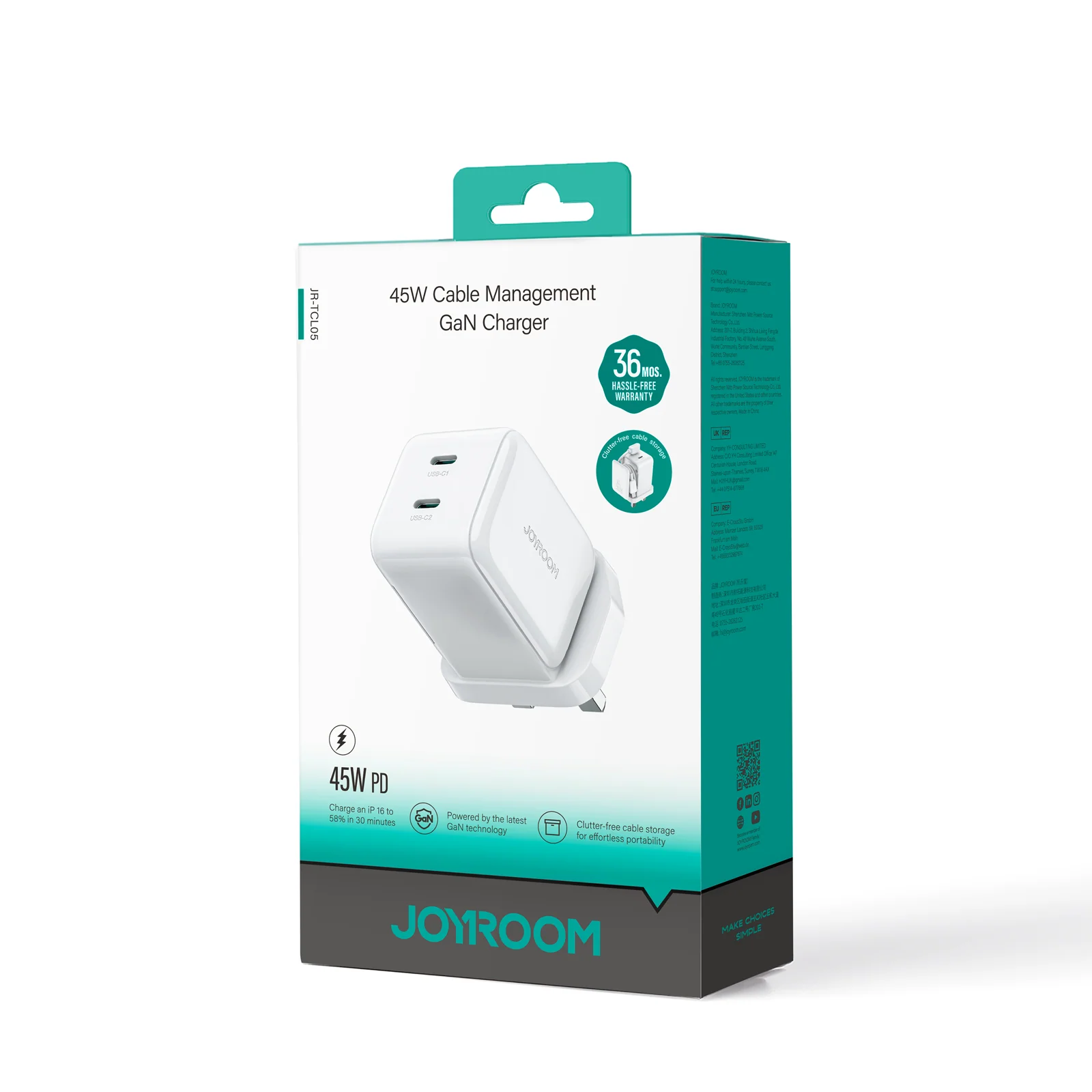 JR-TCL05 45W Cable Management GaN Charger/EU/UK-White - Image 3