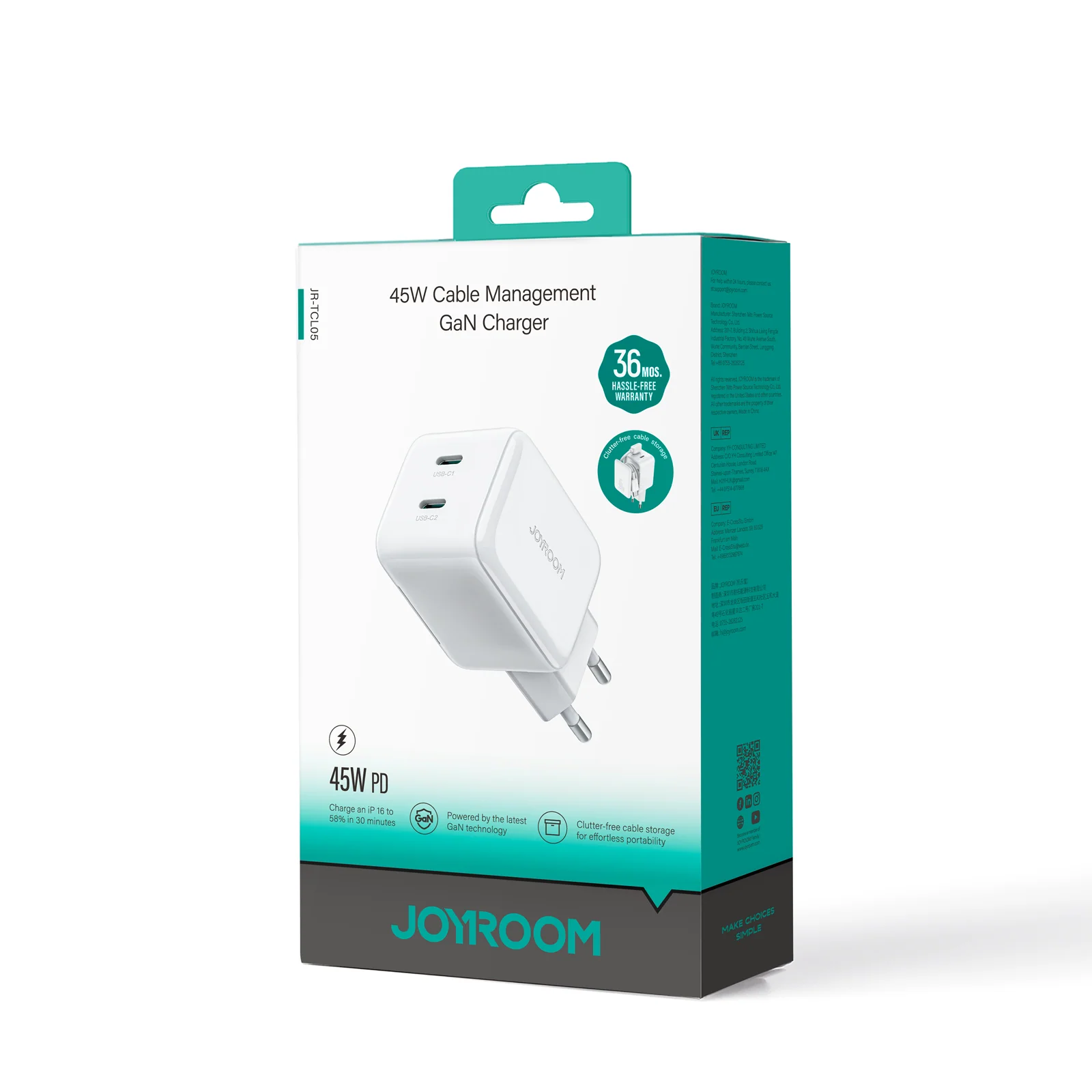 JR-TCL05 45W Cable Management GaN Charger/EU/UK-White - Image 4