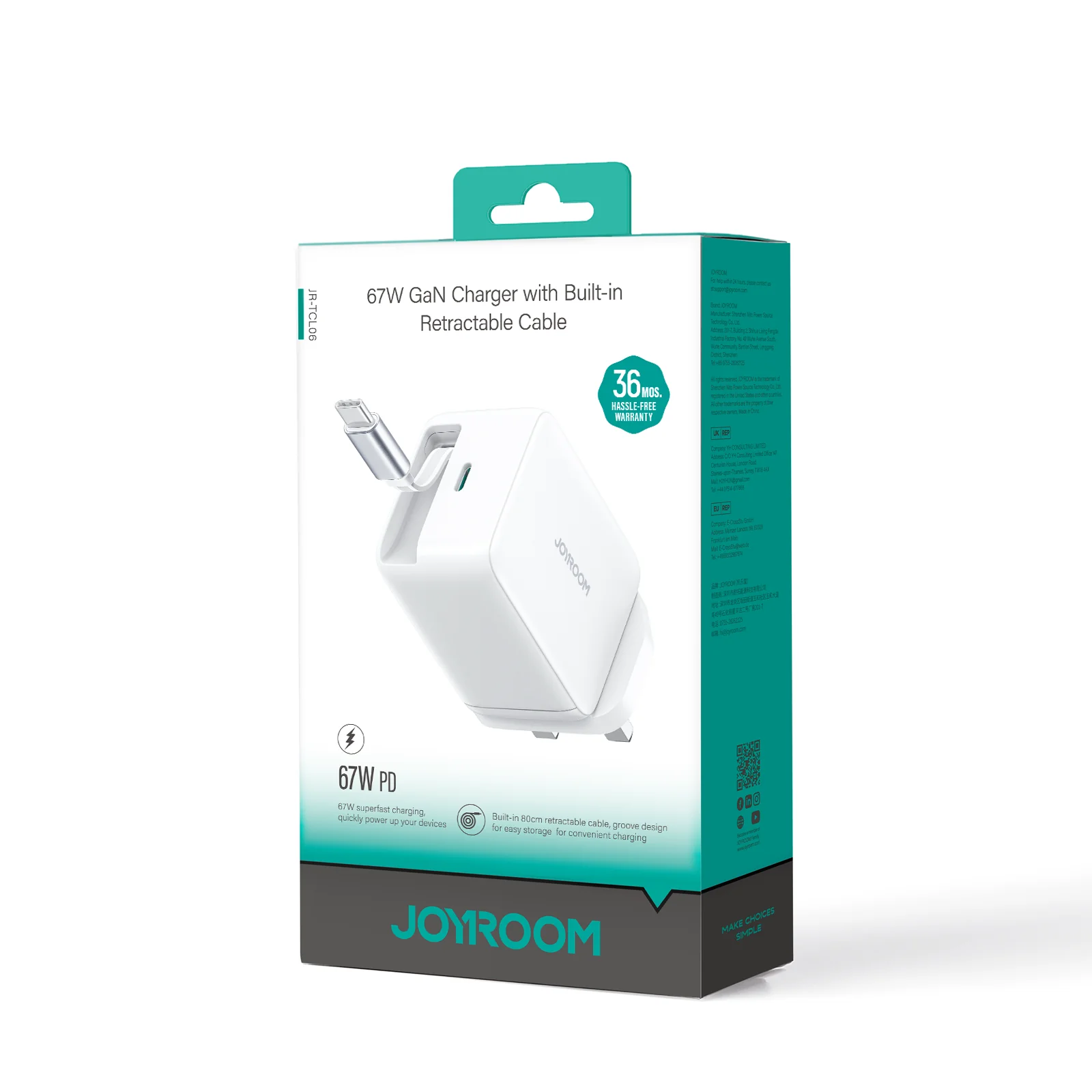 JR-TCL06 67W GaN Charger with Retractable Cable /EU/UK-White - Image 4