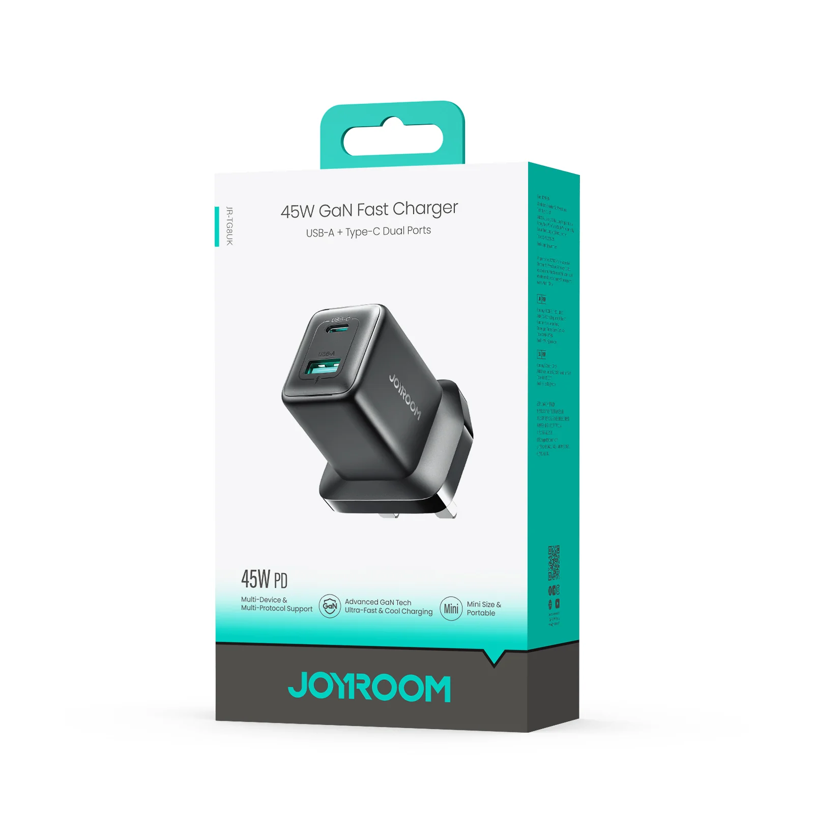 JR-TG8 45W A+C Dual Ports GaN Fast Charger UK/EU Black - Image 3