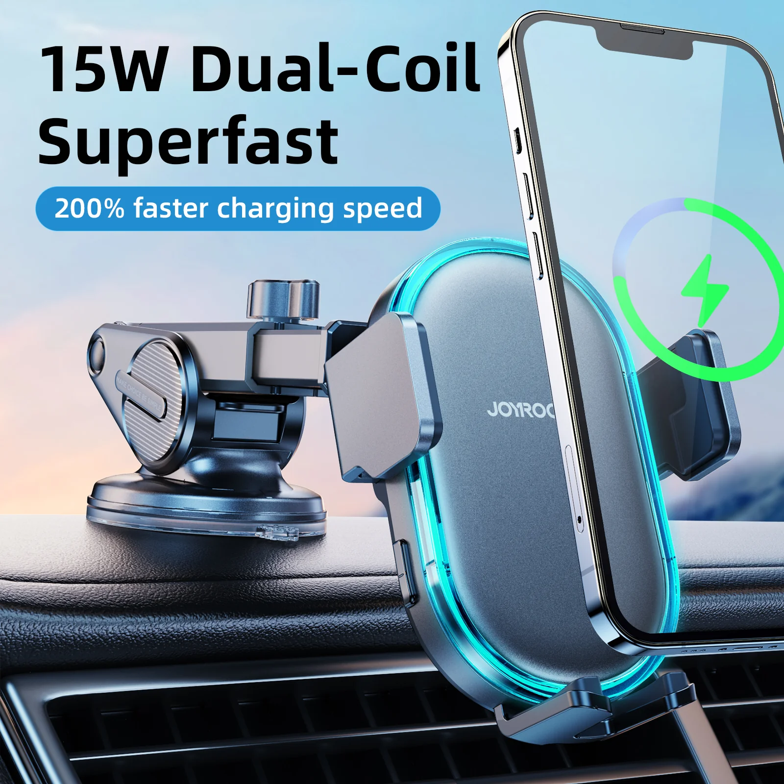 JR-ZS299 Dual-Coil Wireless Car Charger Holder with LED - Image 2