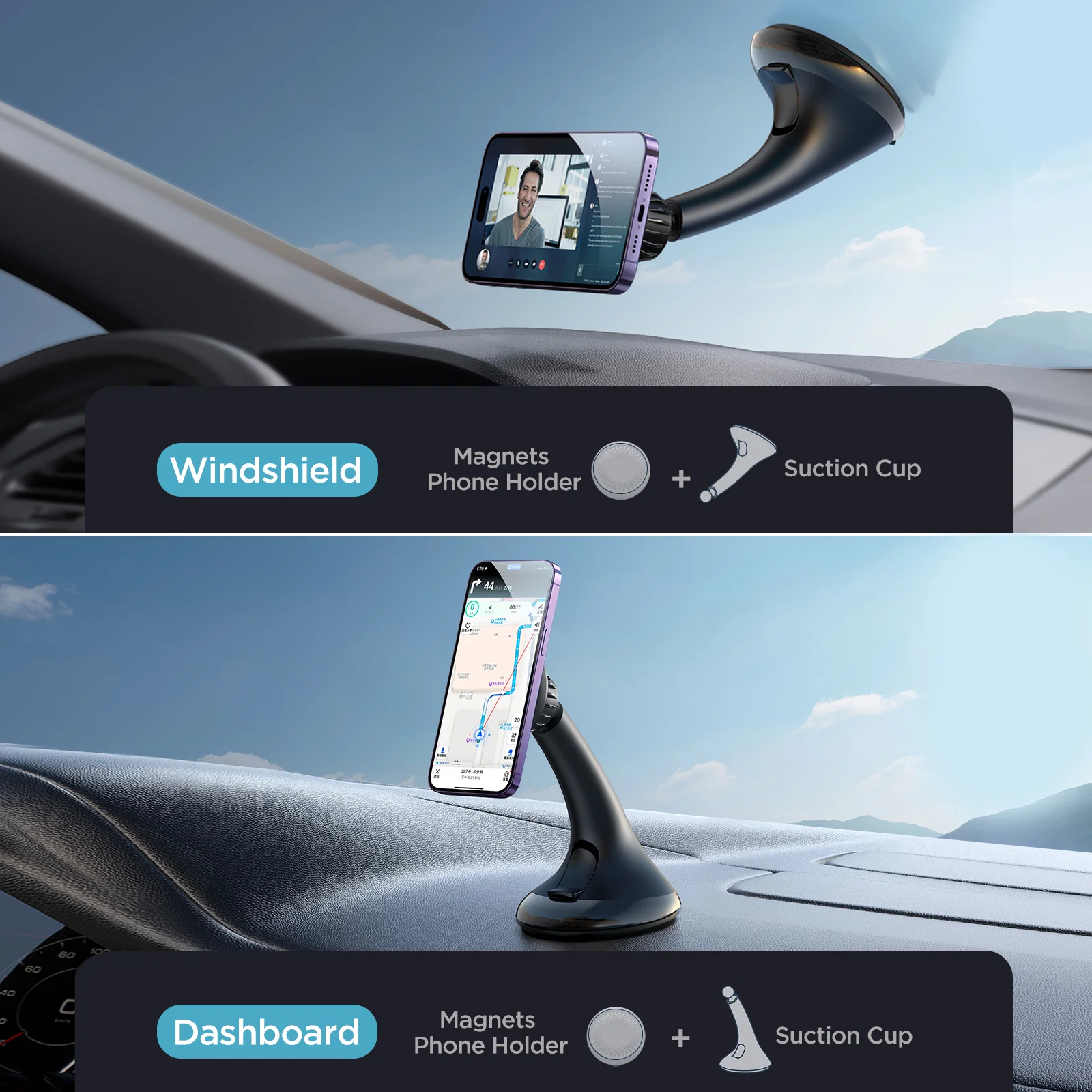 JR-ZS356 Magnetic Car Phone Mount (Windshield)-Black - Image 2