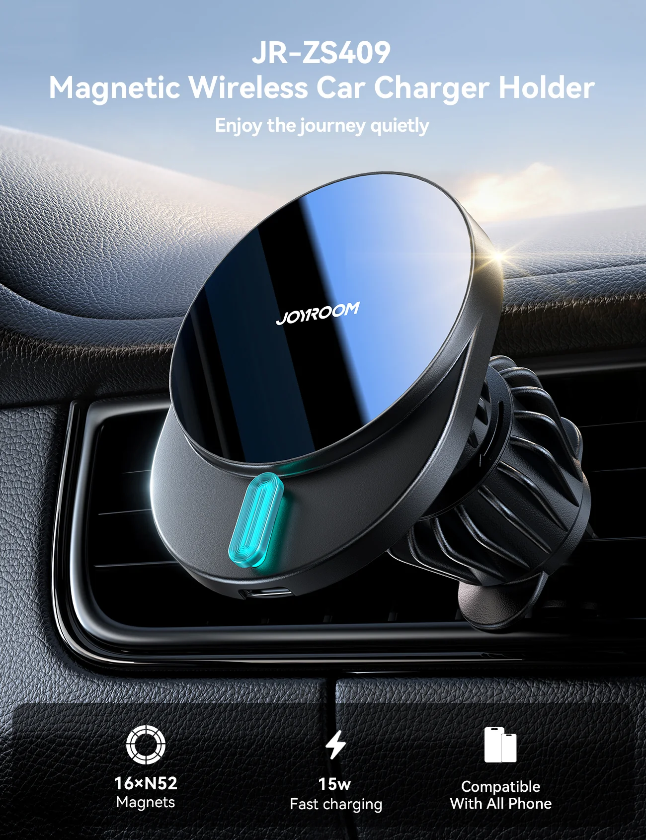 JR-ZS409 Magnetic wireless car charge holder-Black - Image 2