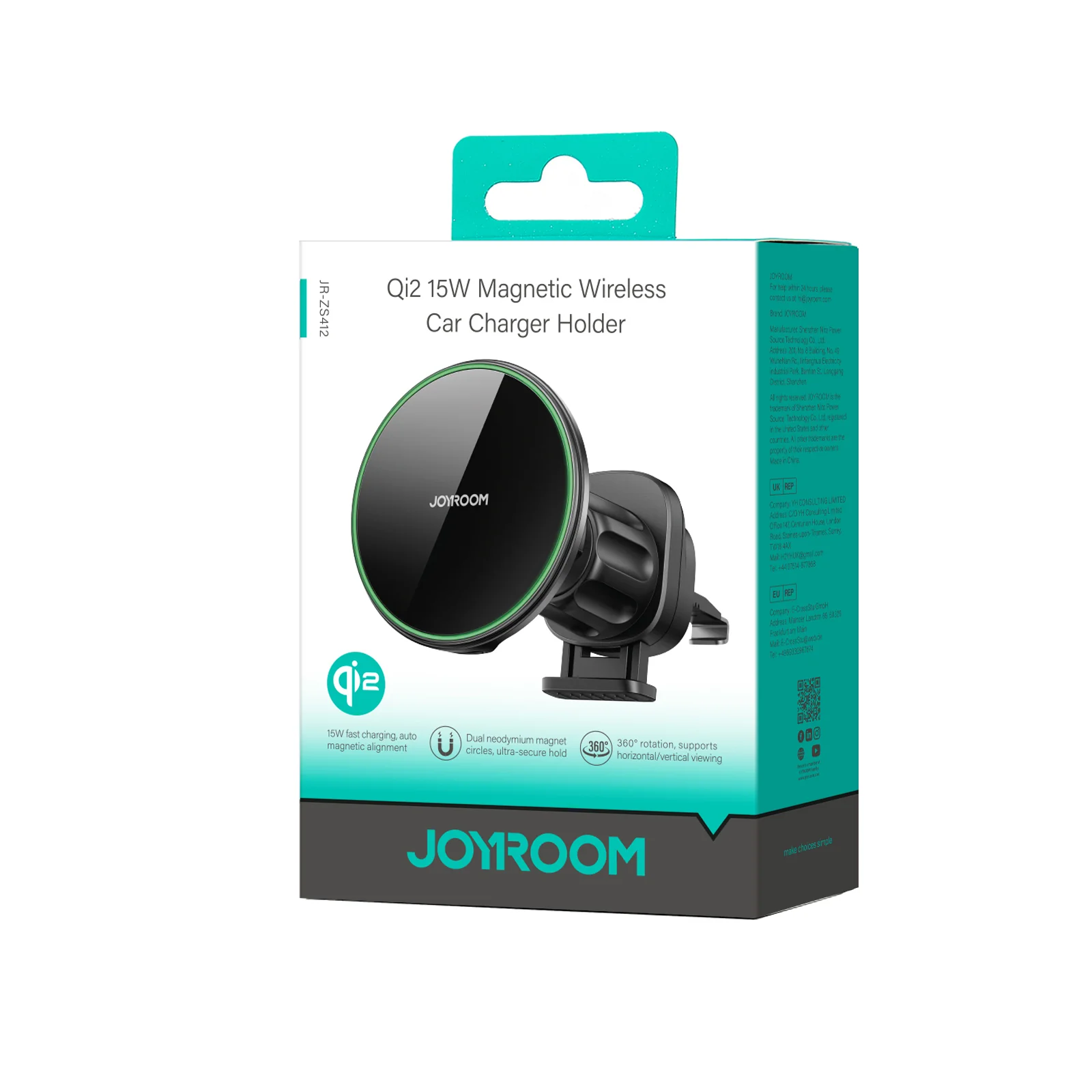 JR-ZS412 Magnetic Wireless Car Charger Holder-Black - Image 2