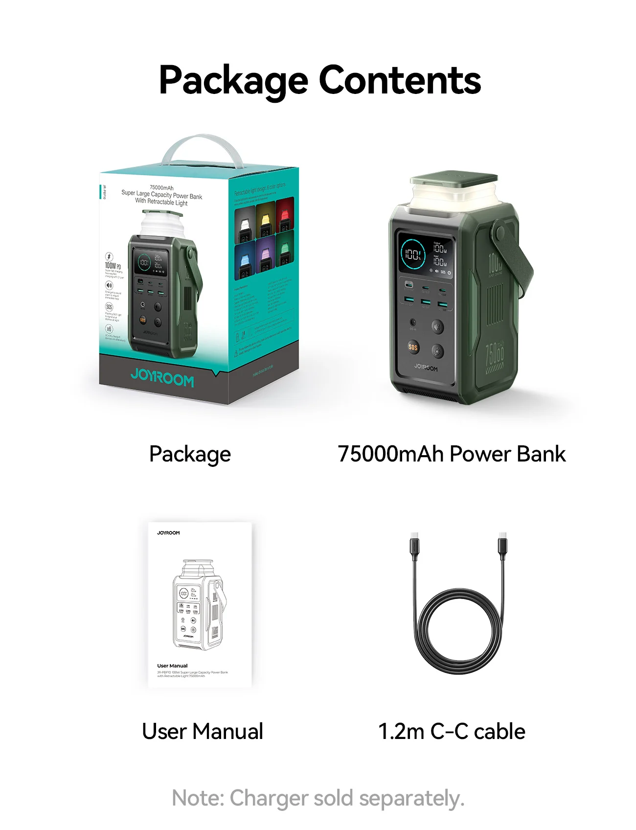 JR-PBF10 PD100W with night light large capacity mobile power 75000mAh-Green - Image 11