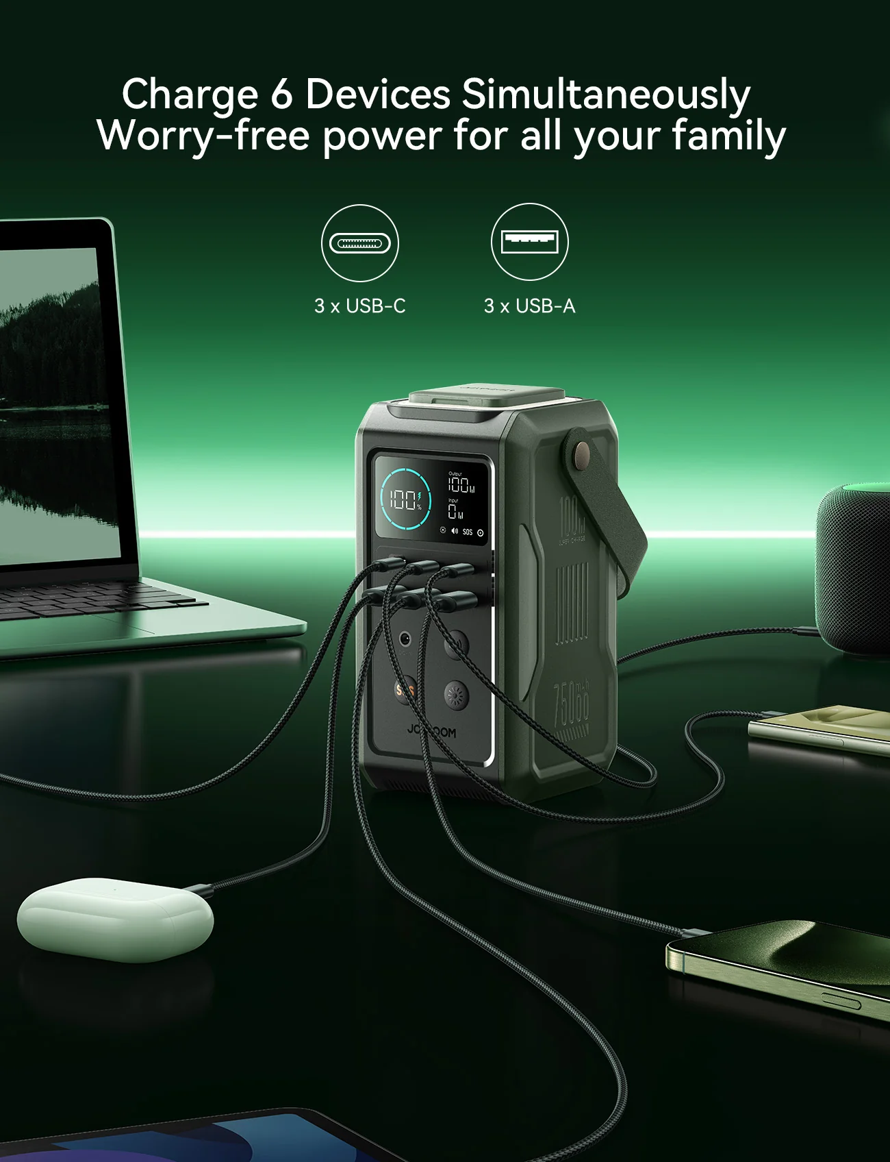 JR-PBF10 PD100W with night light large capacity mobile power 75000mAh-Green - Image 5