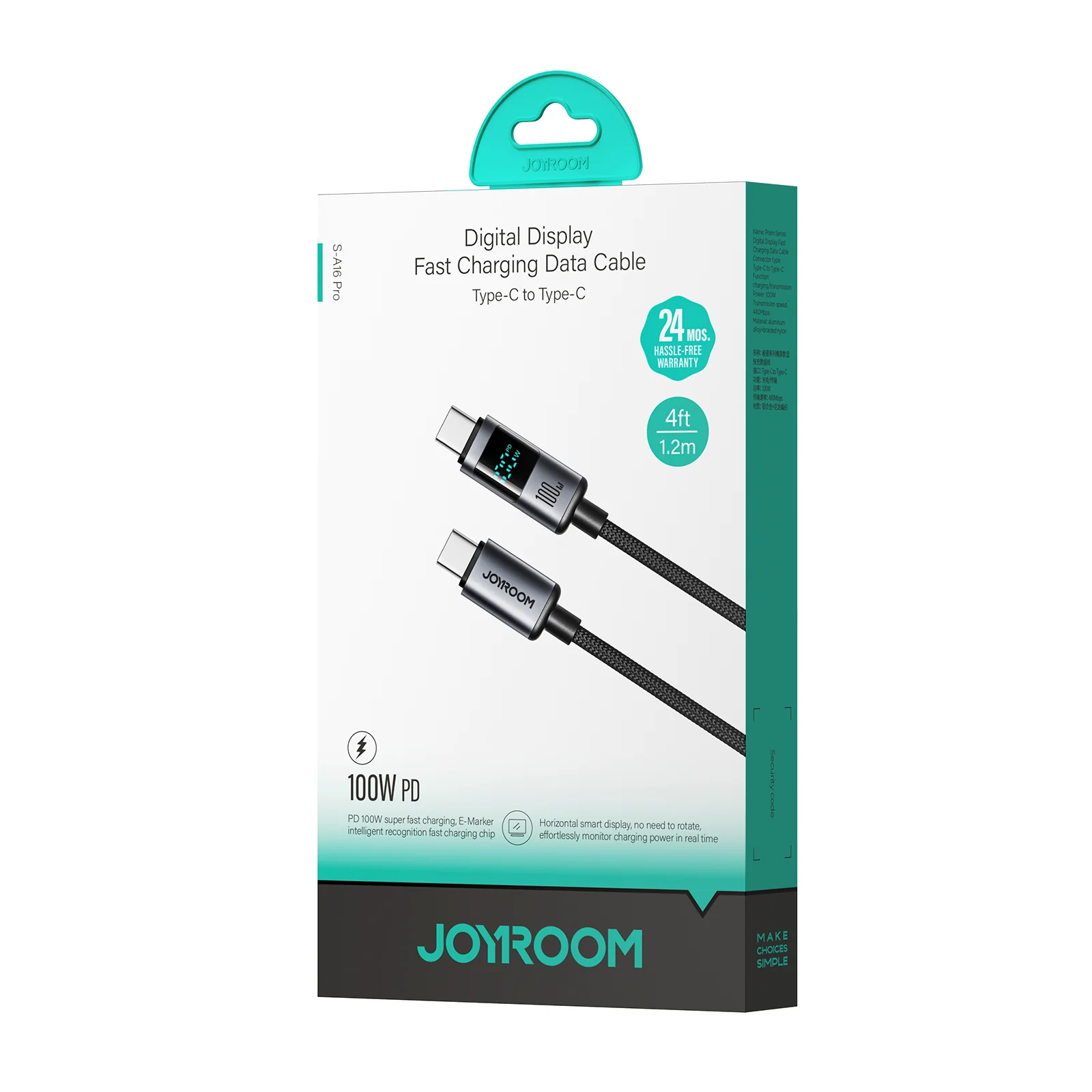 S-A16 Pro 100W/66W/30W/3A CC/CL/Type c/Lightning Digital Display Fast Charging Data Cable 1.2m-Black - Image 5